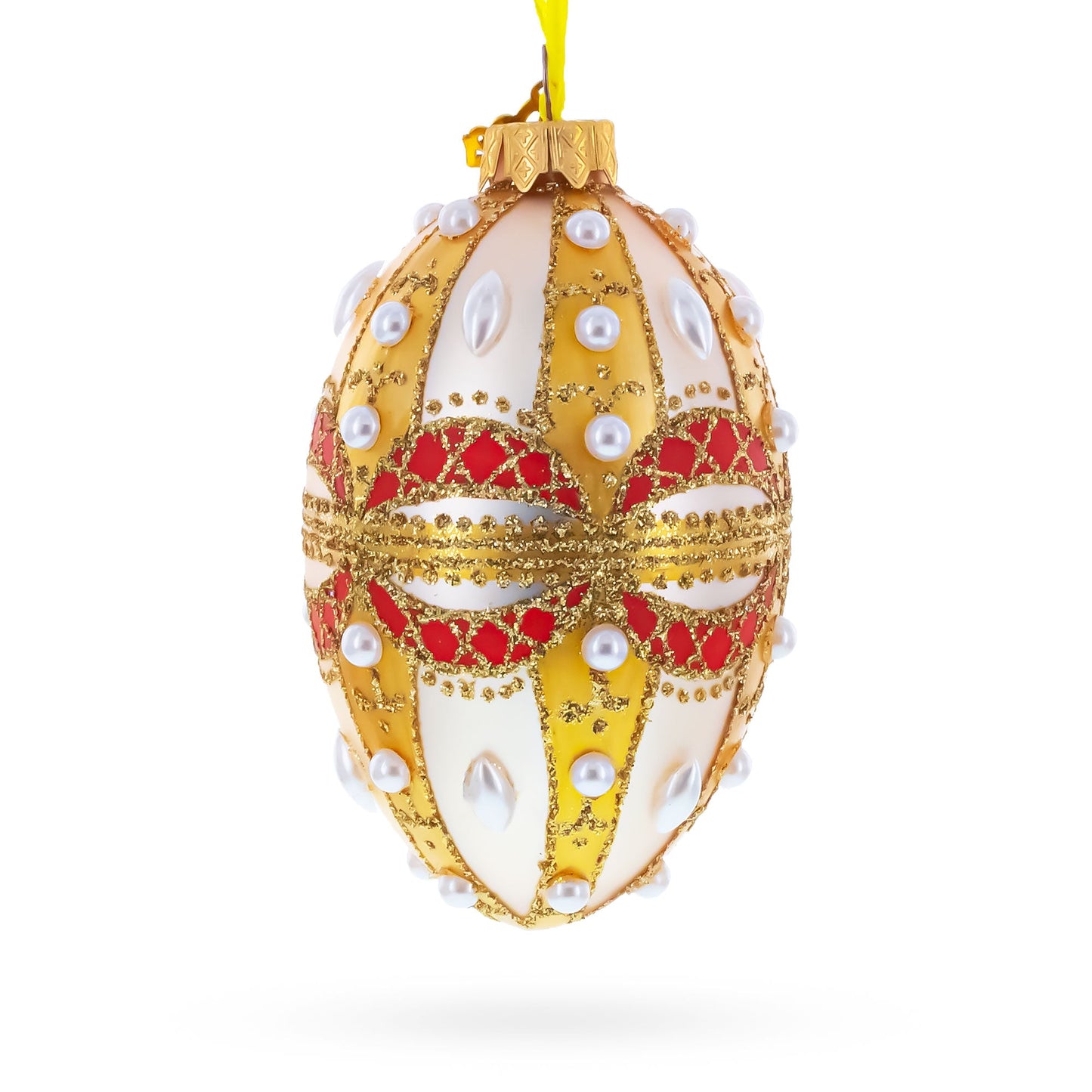 Pearls on Gold and White Glass Egg Ornament 4 Inches