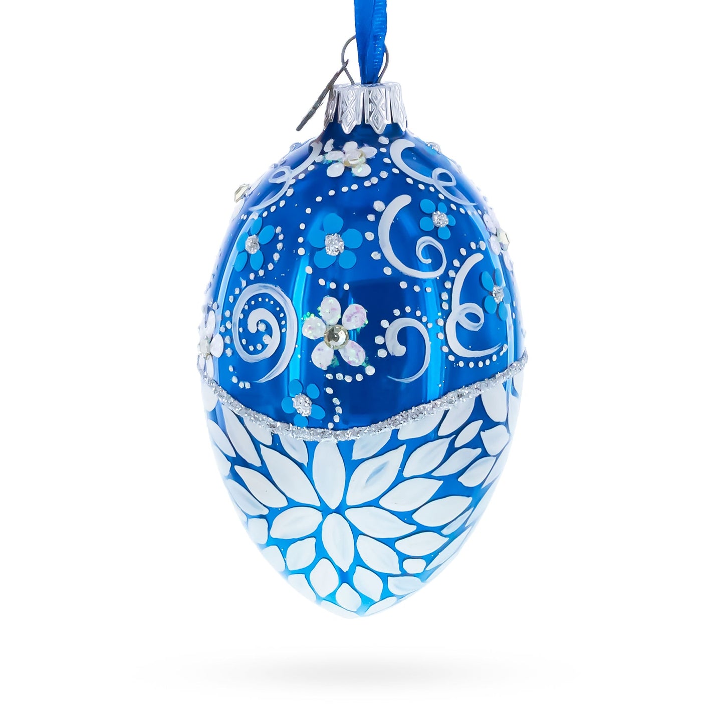 White Pearled Flowers on Glossy Blue Glass Egg Ornament 4 Inches