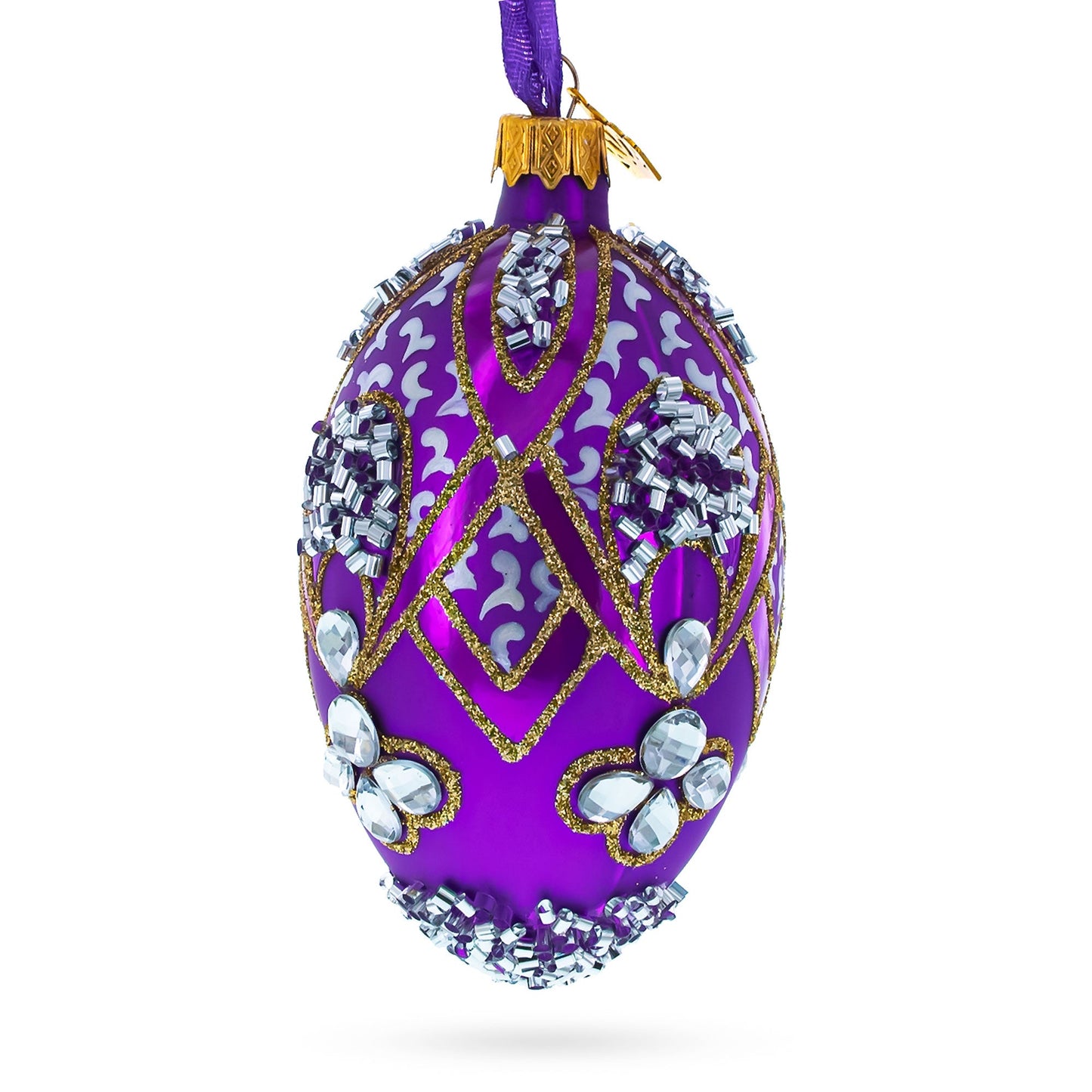 Diamonds on Pearl Glass Egg Ornament 4 Inches