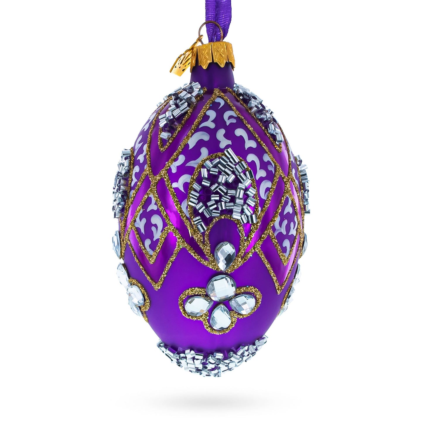 Diamonds on Pearl Glass Egg Ornament 4 Inches