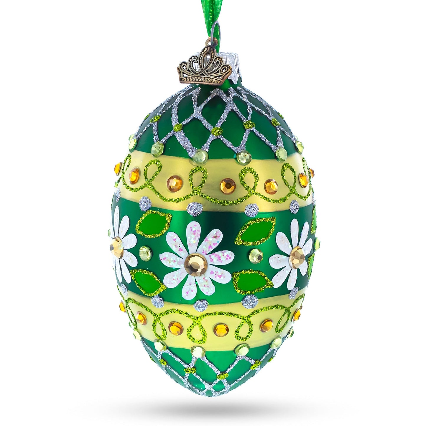 Daisies on Green Glass Egg Ornament 4 Inches