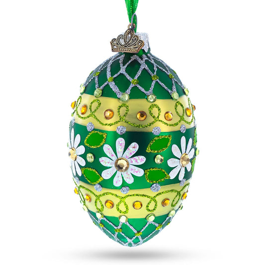 Daisies on Green Glass Egg Ornament 4 Inches