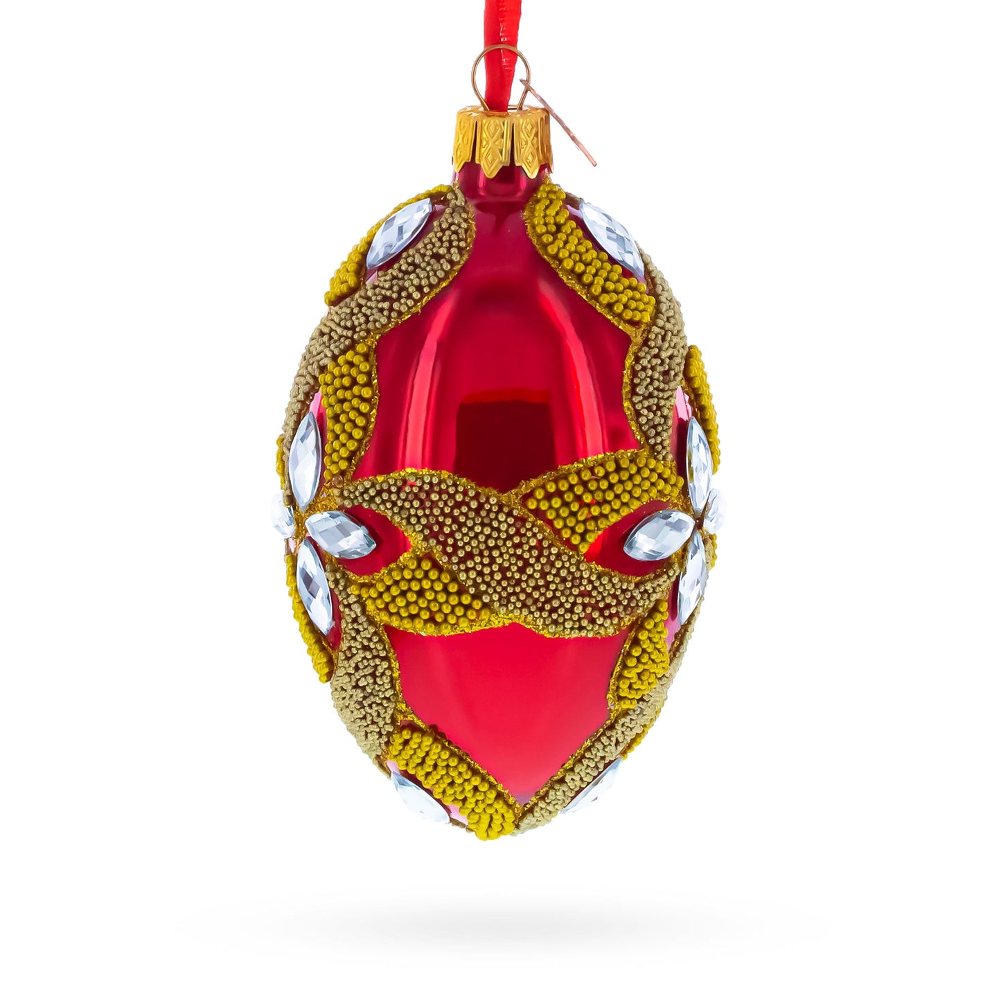 Diamond Star on Red Glass Egg Ornament 4 Inches