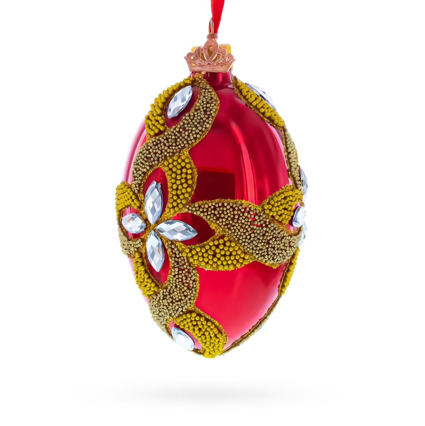 Diamond Star on Red Glass Egg Ornament 4 Inches