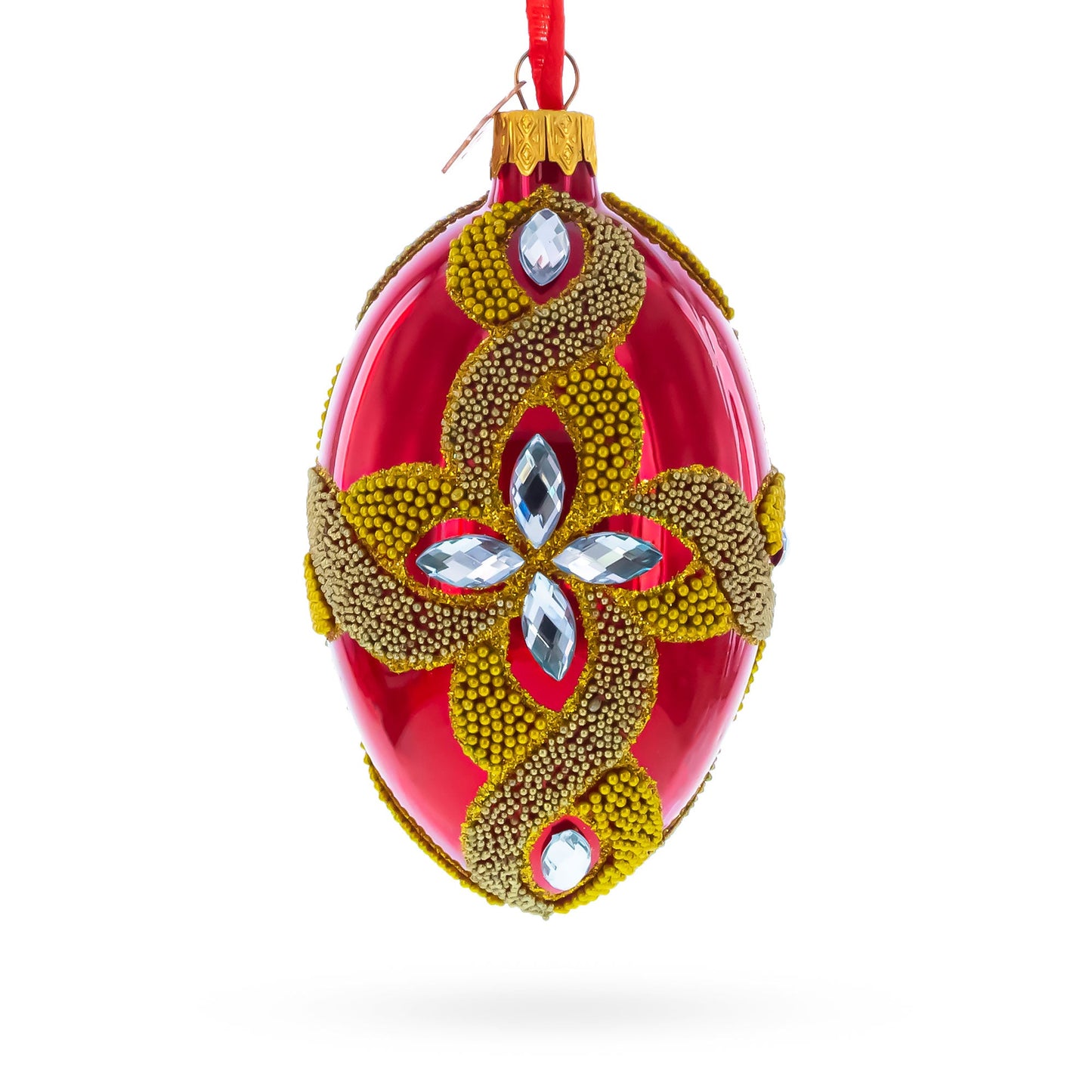 Diamond Star on Red Glass Egg Ornament 4 Inches