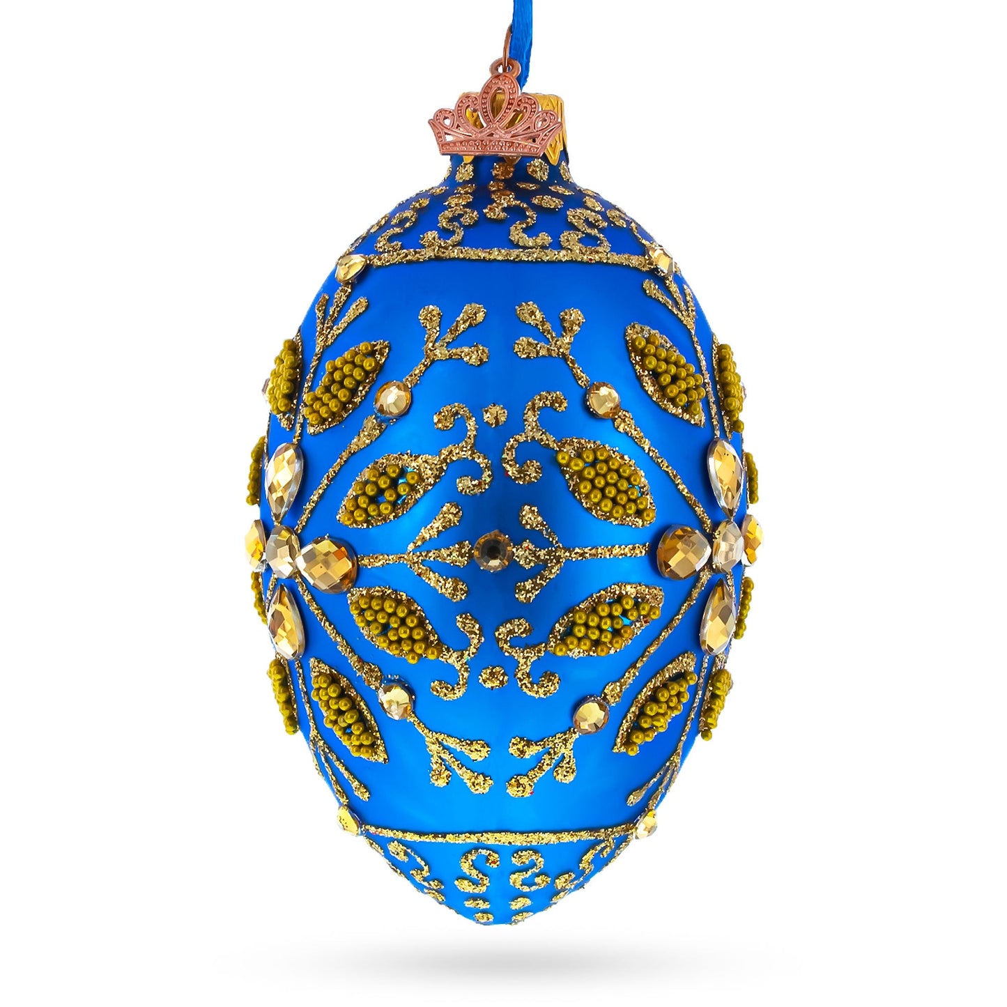 Golden Snowflake on Blue Glass Egg Ornament 4 Inches