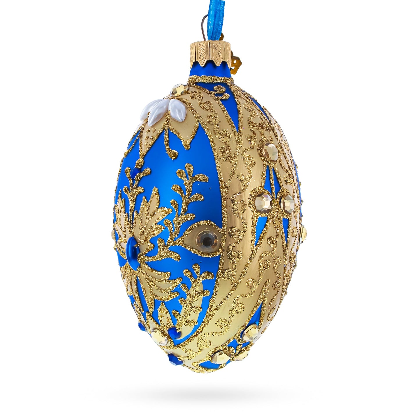 Golden Swirls on Blue Glass Egg Ornament 4 Inches