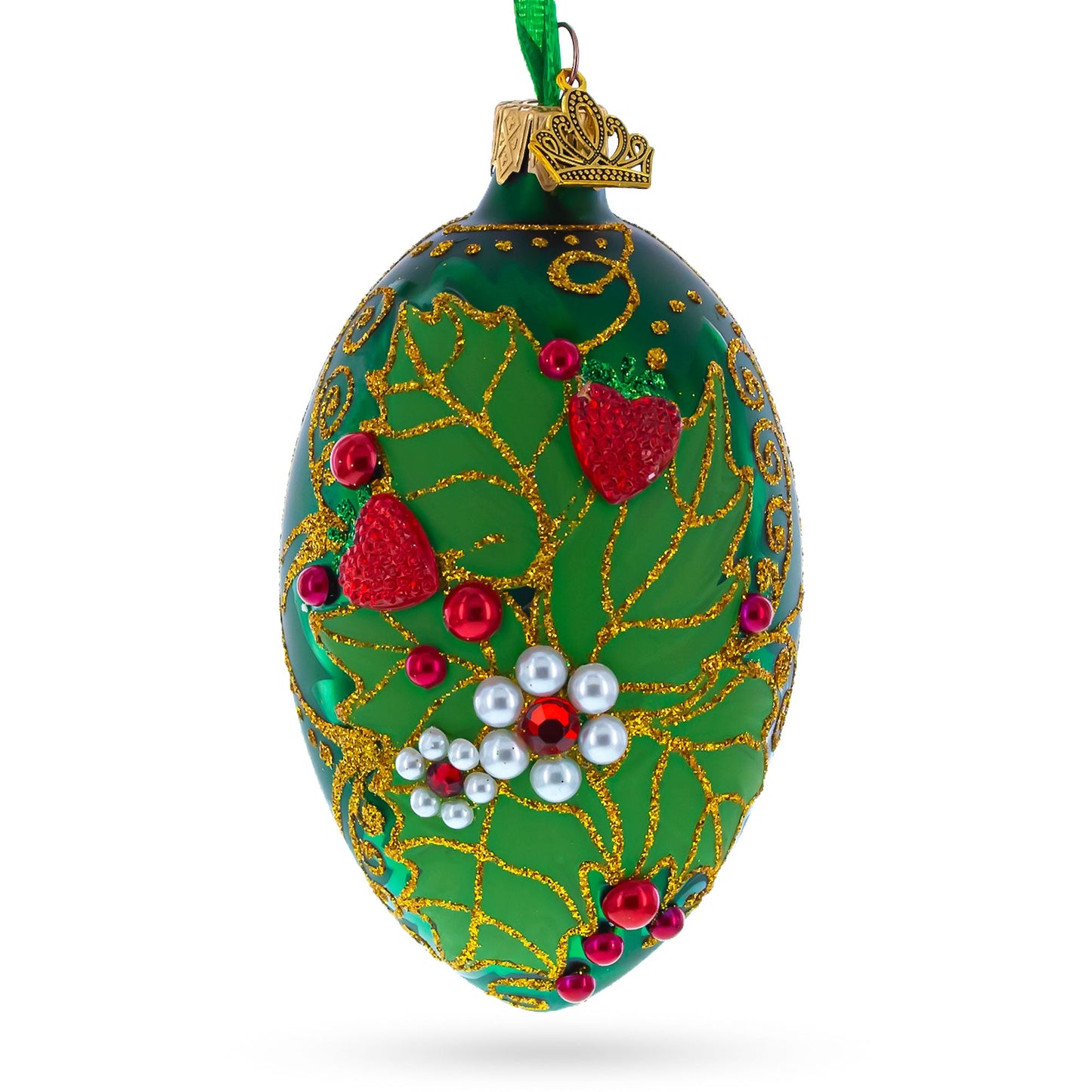 Pearl on Green Leaves Glass Egg Ornament 4 Inches
