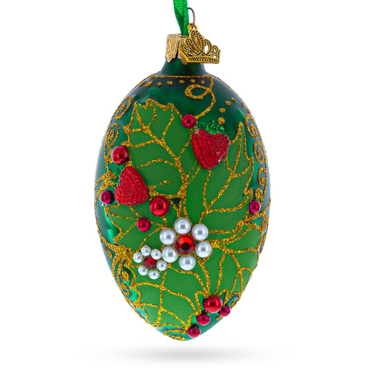 Pearl on Green Leaves Glass Egg Ornament 4 Inches