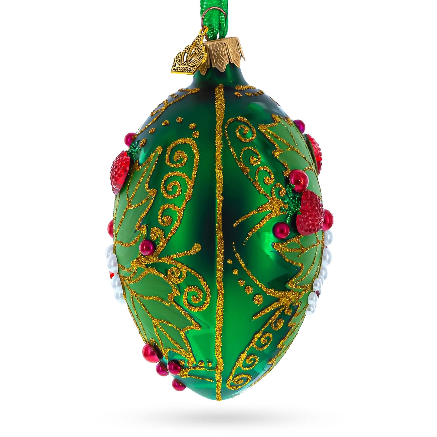 Pearl on Green Leaves Glass Egg Ornament 4 Inches