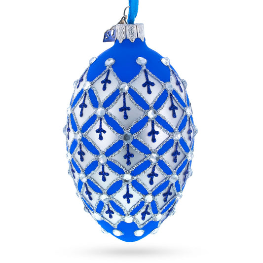 Silver Diamonds on Blue Glass Egg Ornament 4 Inches