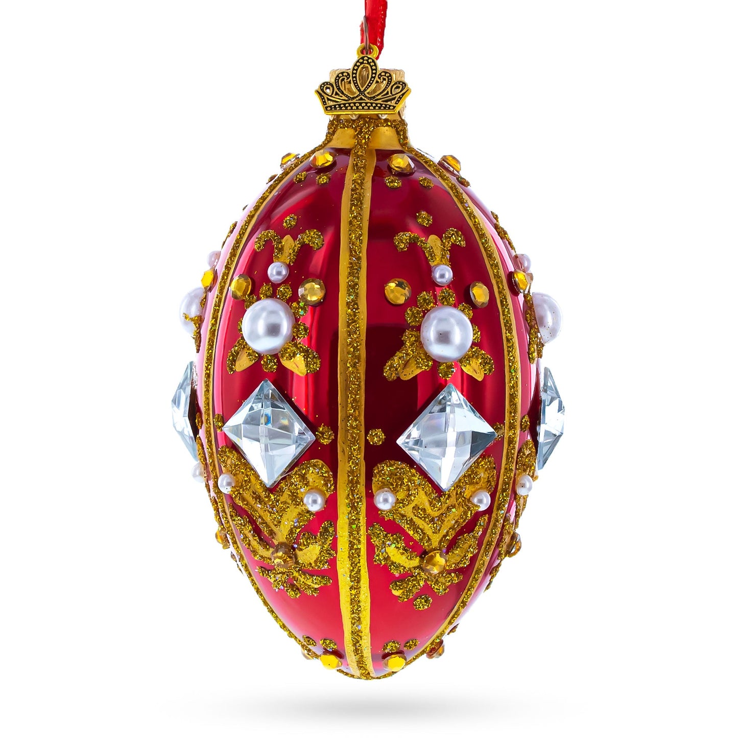 Diamonds and Pearls on Red Glass Egg Ornament 4 Inches