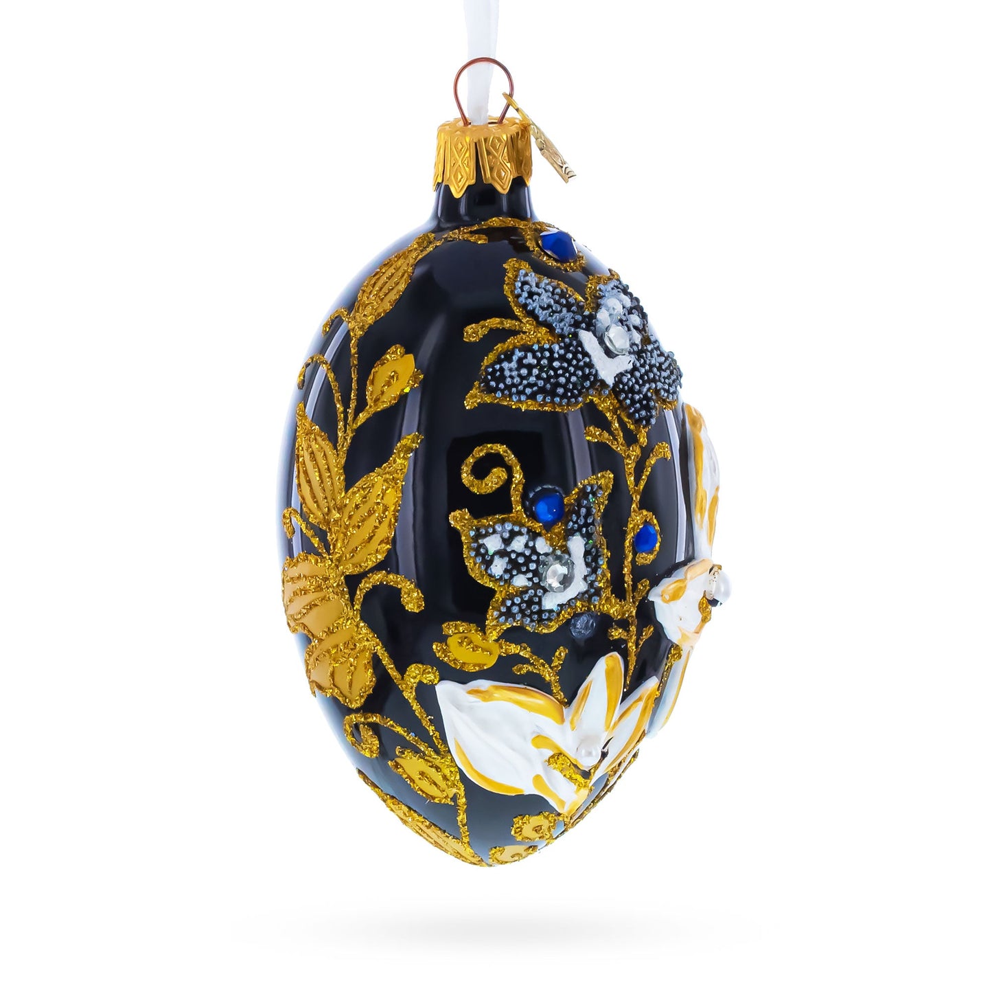 Black and Gold Floral with Jewel Accents Glass Egg Ornament 4 Inches