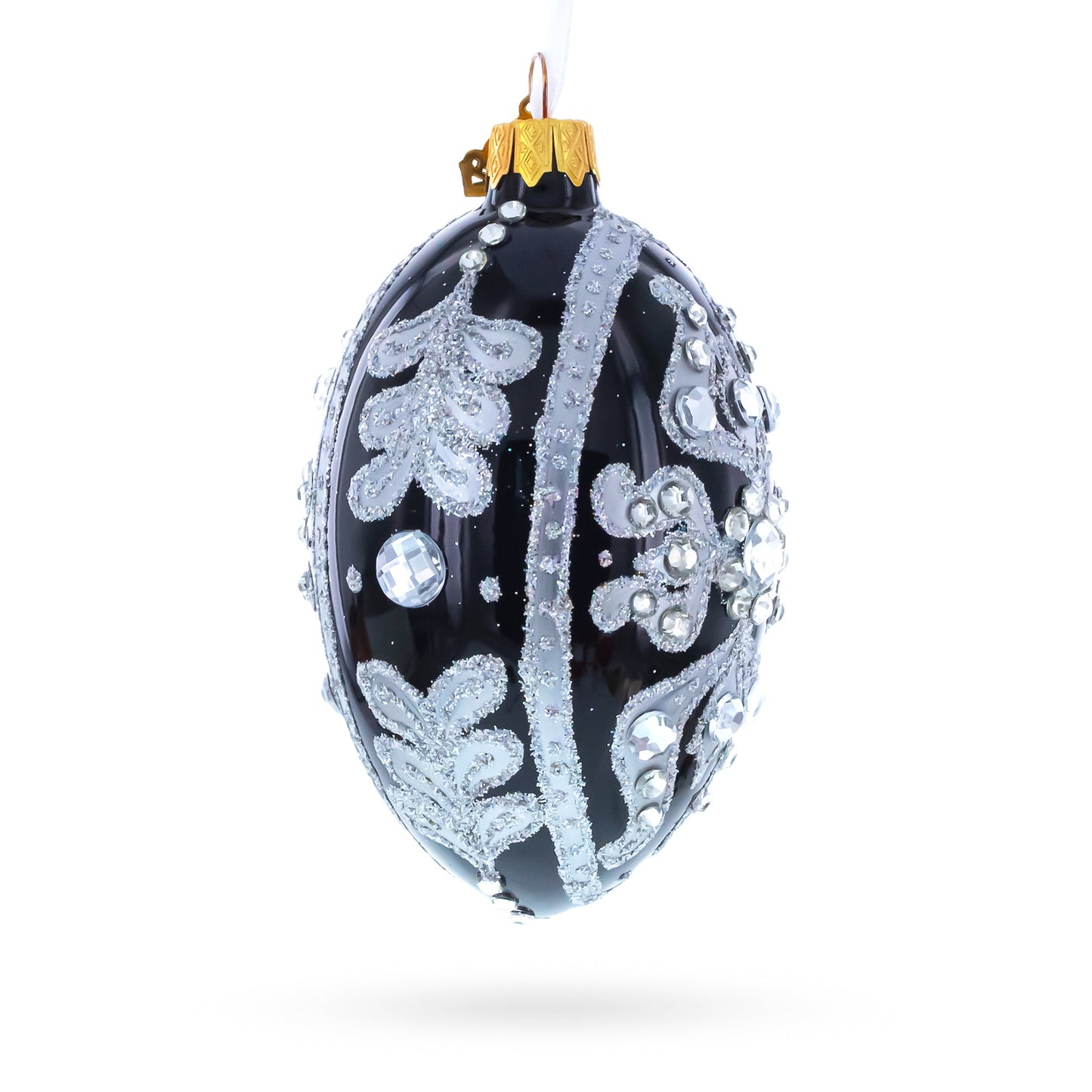 Silver and Crystal Floral Pattern on Black Glass Egg Ornament 4 Inches