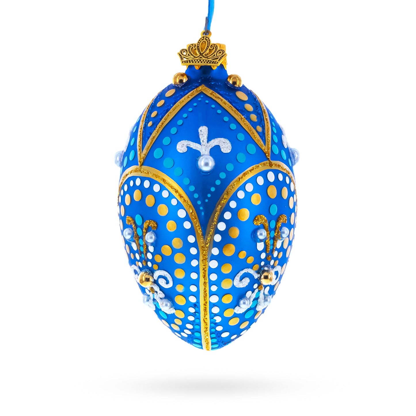 Royal Blue and Gold Festive Design Glass Egg Ornament 4 Inches