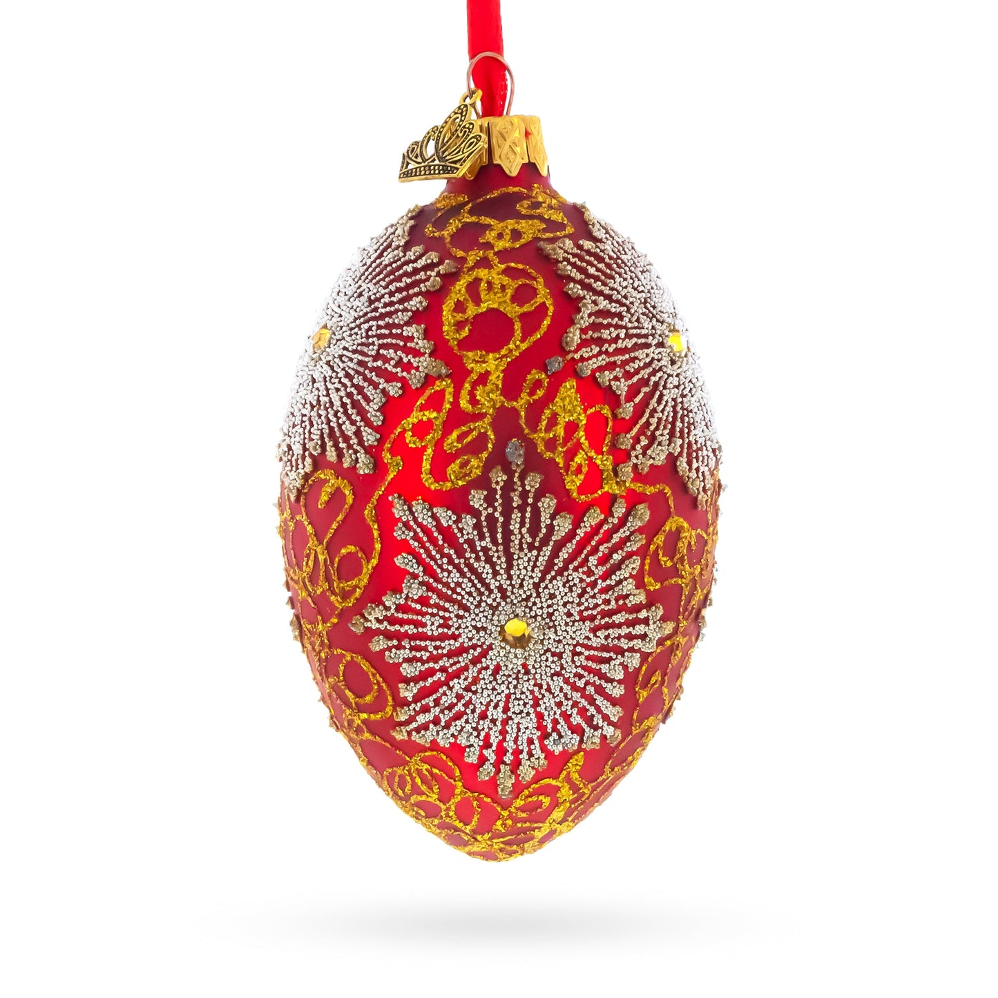 Red and Gold Paisley with Silver Starburst Glass Egg Ornament 4 Inches