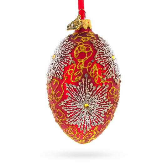 Red and Gold Paisley with Silver Starburst Glass Egg Ornament 4 Inches