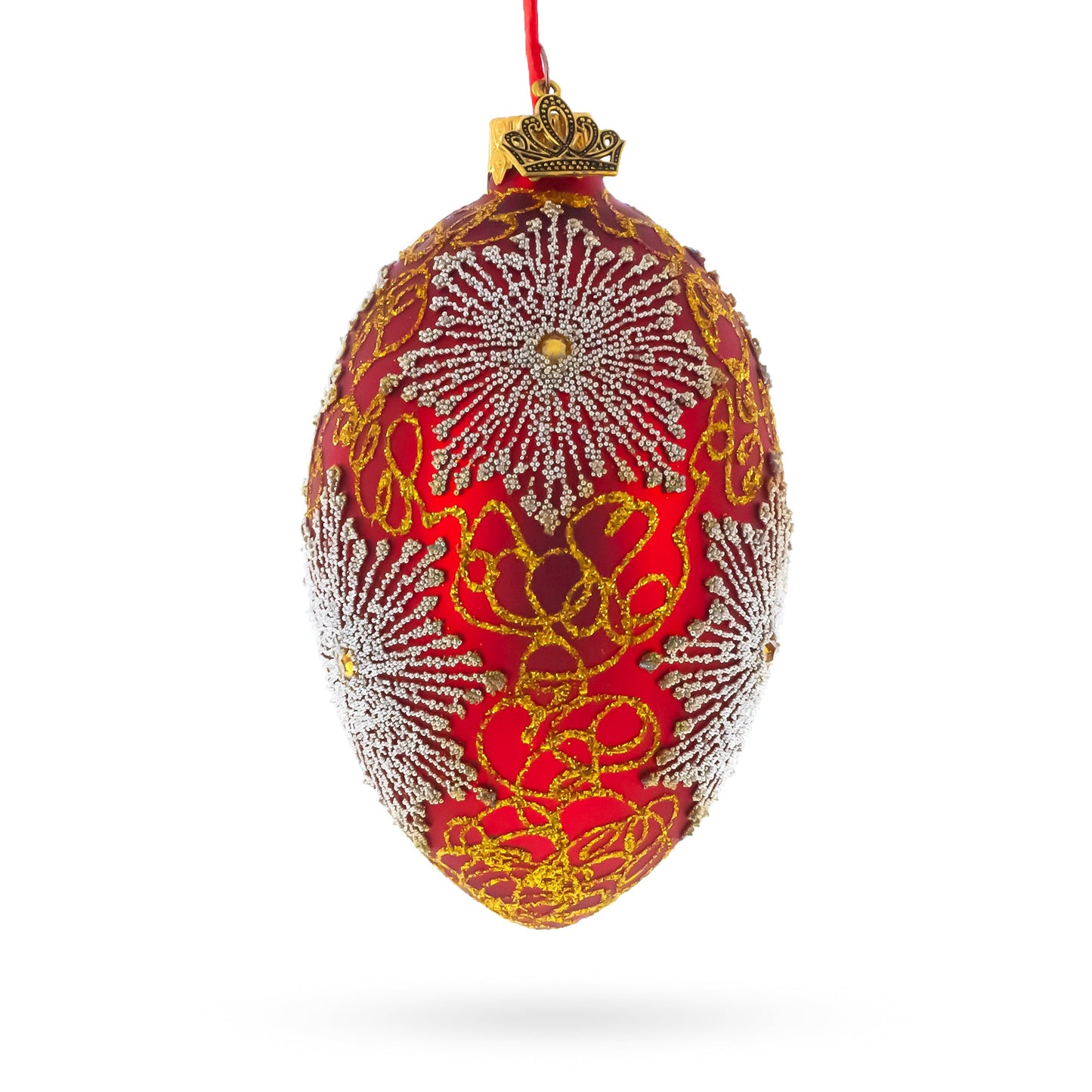 Red and Gold Paisley with Silver Starburst Glass Egg Ornament 4 Inches