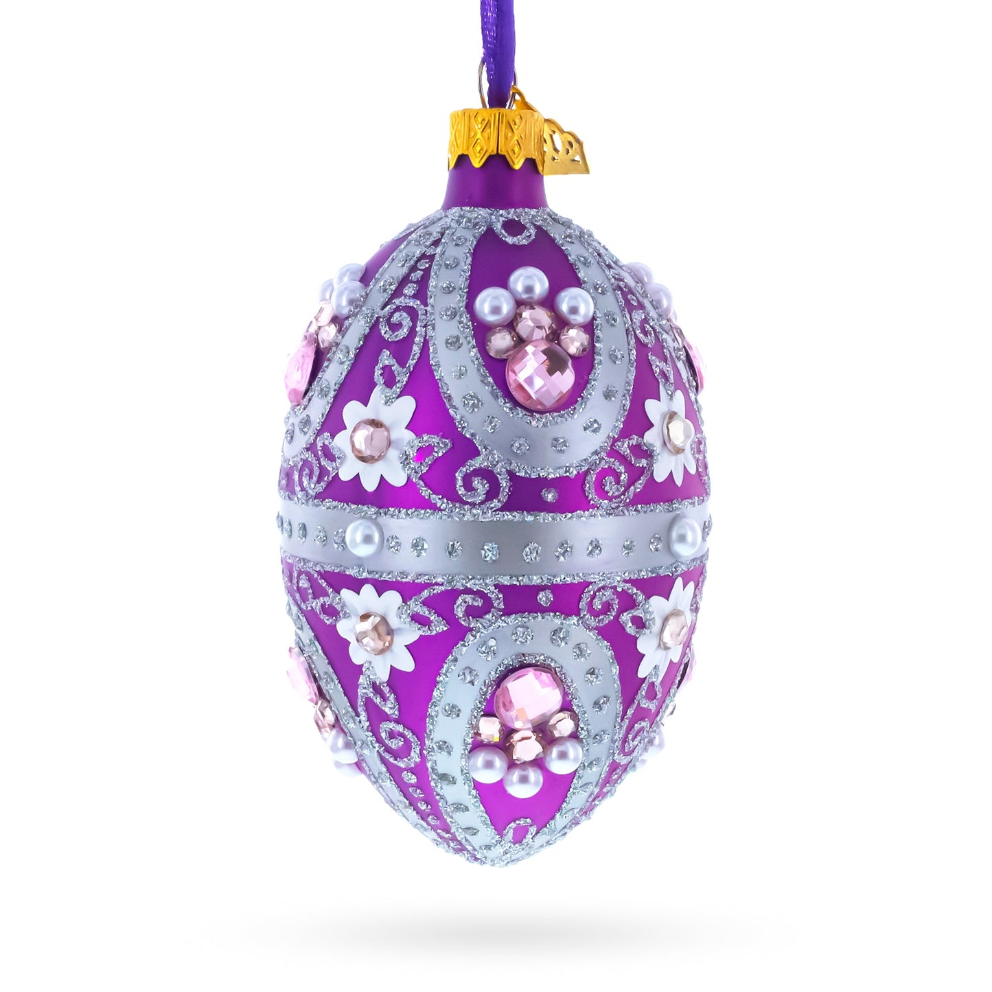 Purple Elegance with Pearls and Floral Accents Glass Egg Ornament 4 Inches