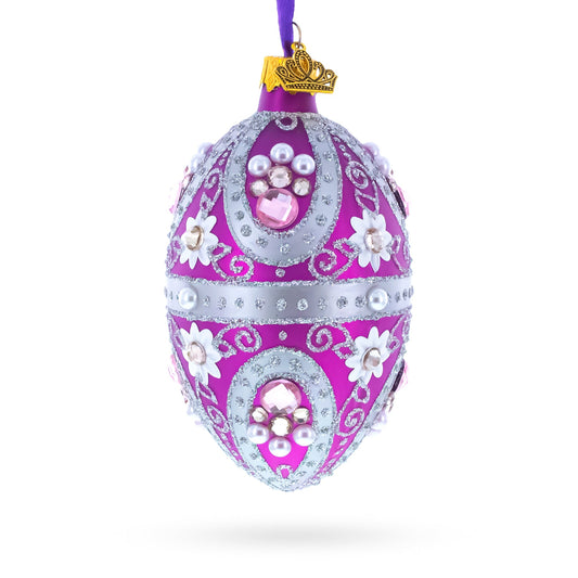 Purple Elegance with Pearls and Floral Accents Glass Egg Ornament 4 Inches