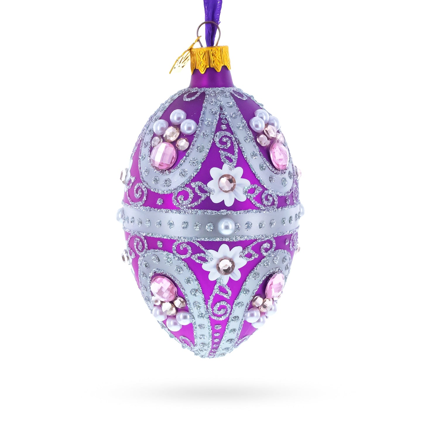Purple Elegance with Pearls and Floral Accents Glass Egg Ornament 4 Inches