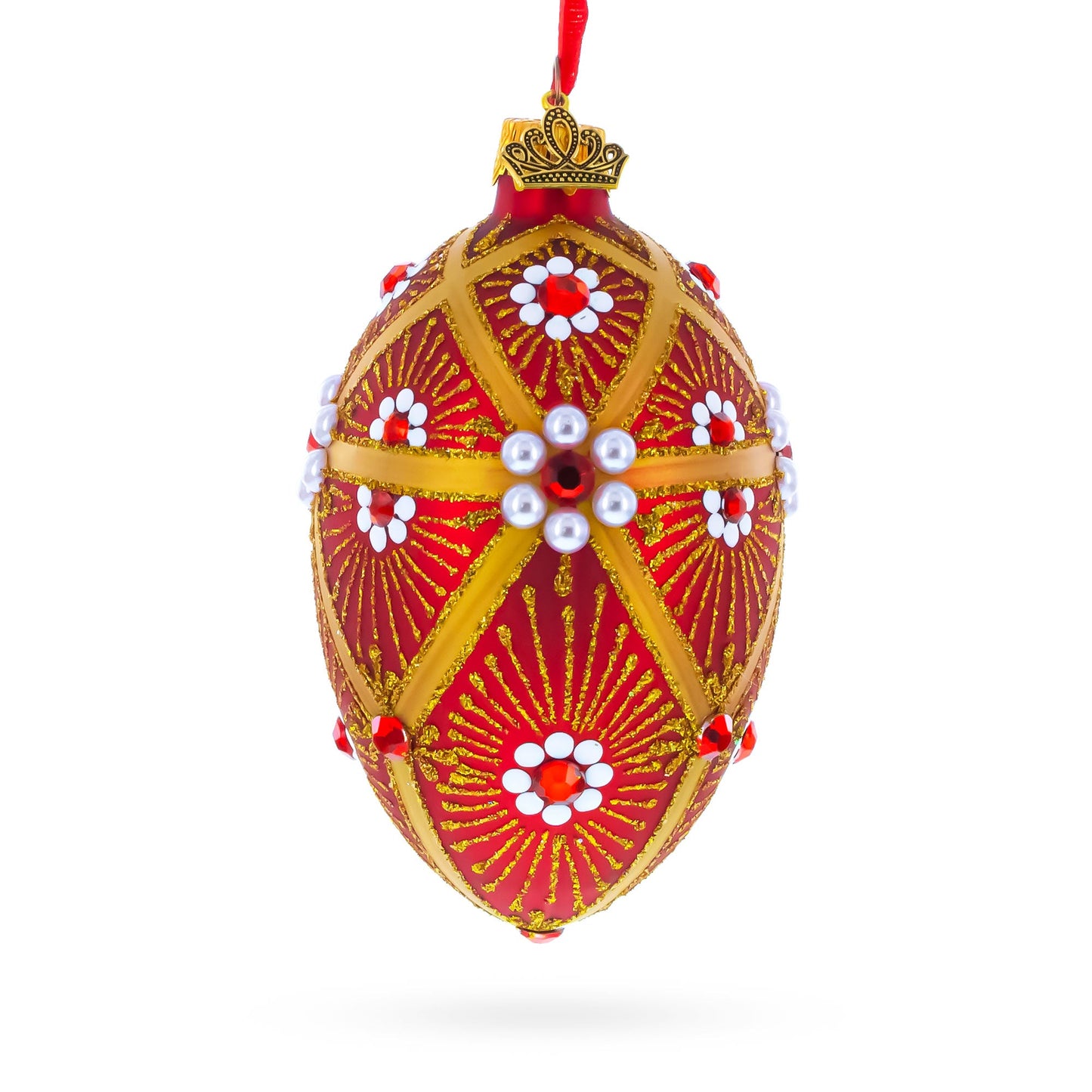 Red and Gold Floral Bejeweled Glass Egg Ornament 4 Inches