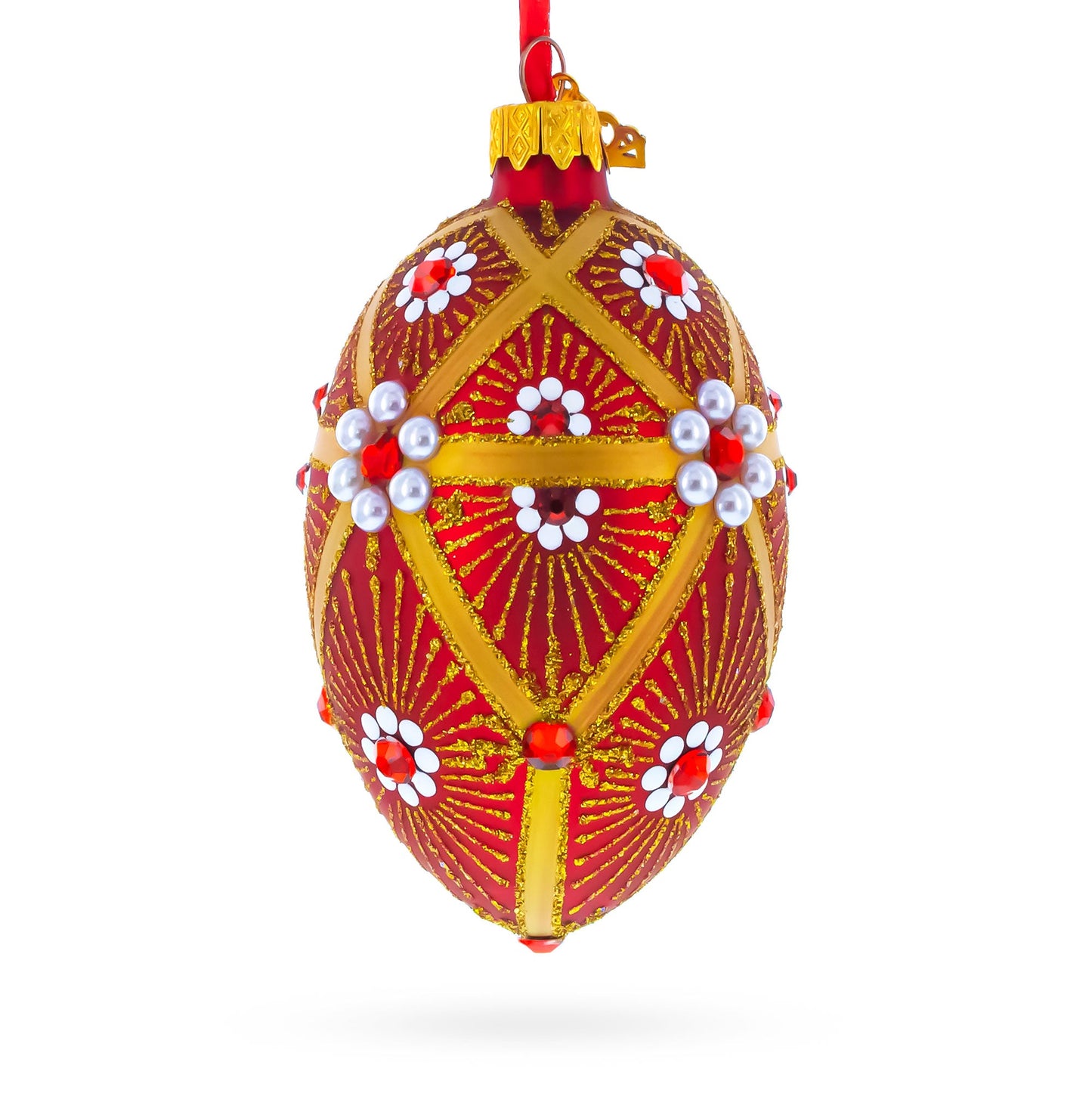 Red and Gold Floral Bejeweled Glass Egg Ornament 4 Inches