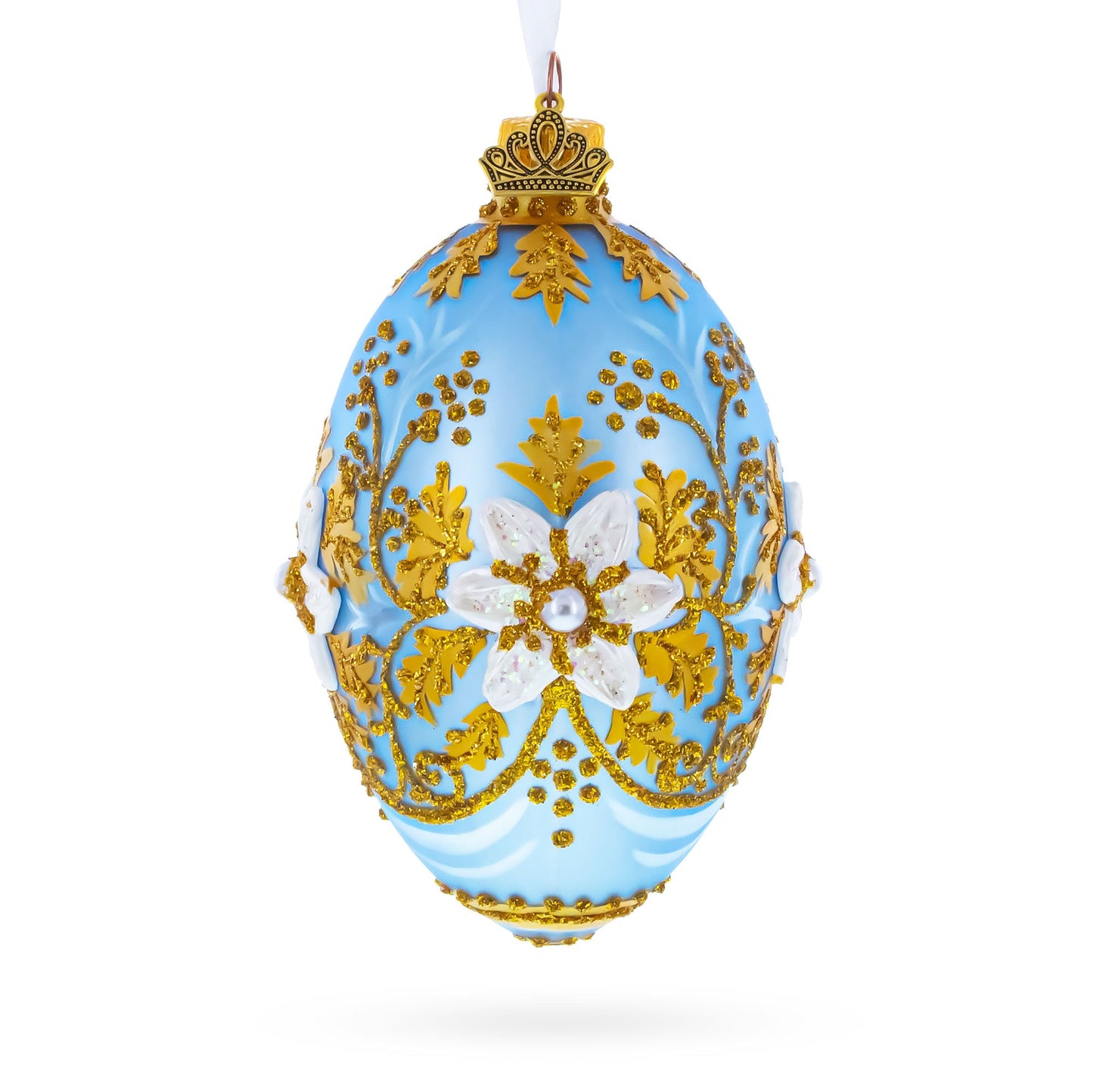 Blue and Gold Embossed Floral Glass Egg Ornament 4 Inches