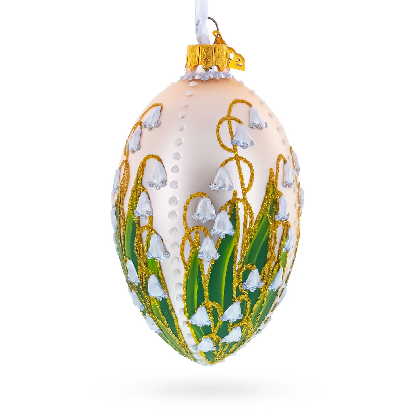 Lily of the Valley on Ivory Egg Glass Ornament 4 Inches