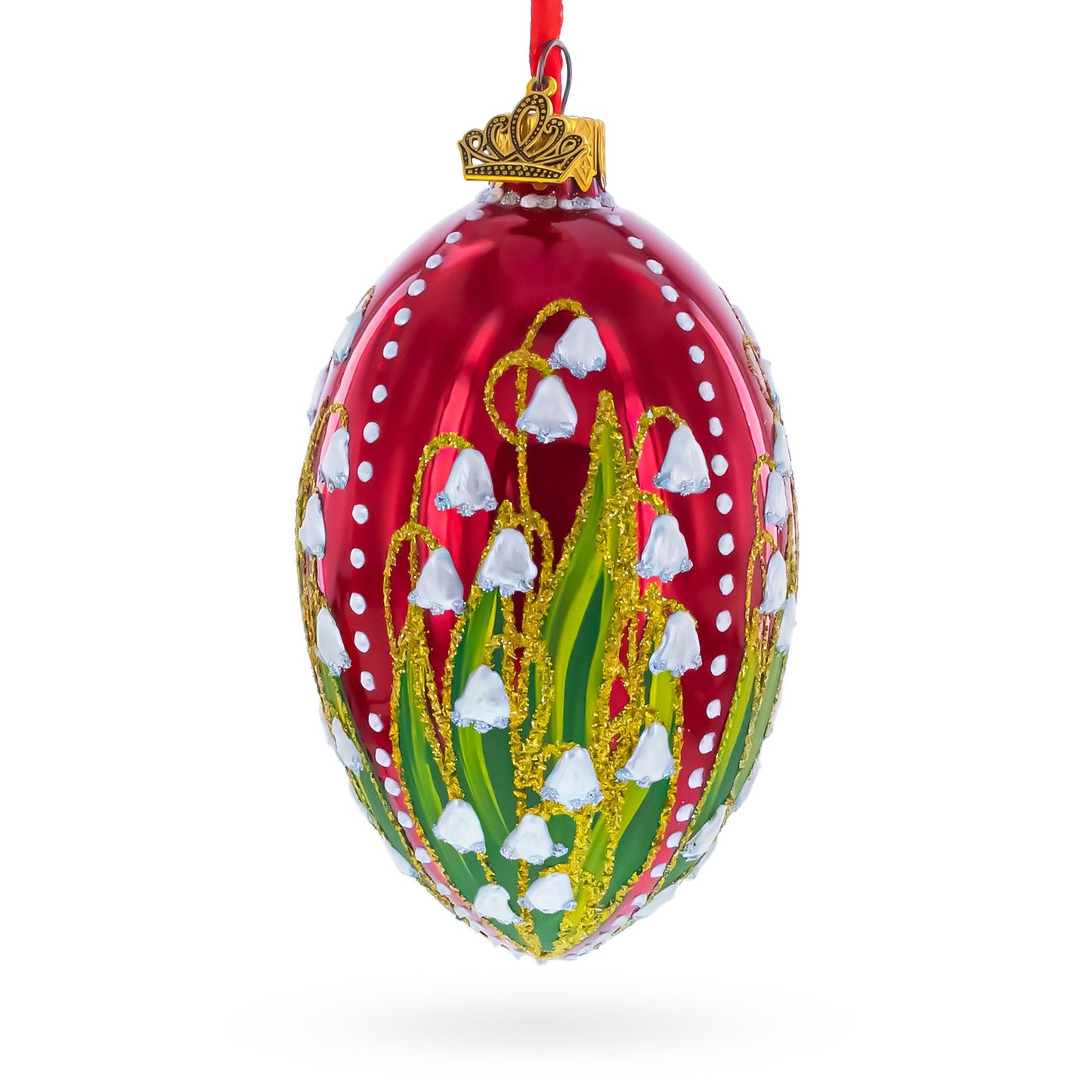 Lily of the Valley on Glossy Red Egg Glass Ornament 4 Inches