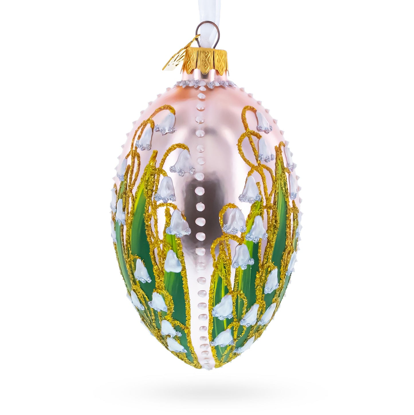 Lily of the Valley on Frosted Rose Egg Glass Ornament 4 Inches