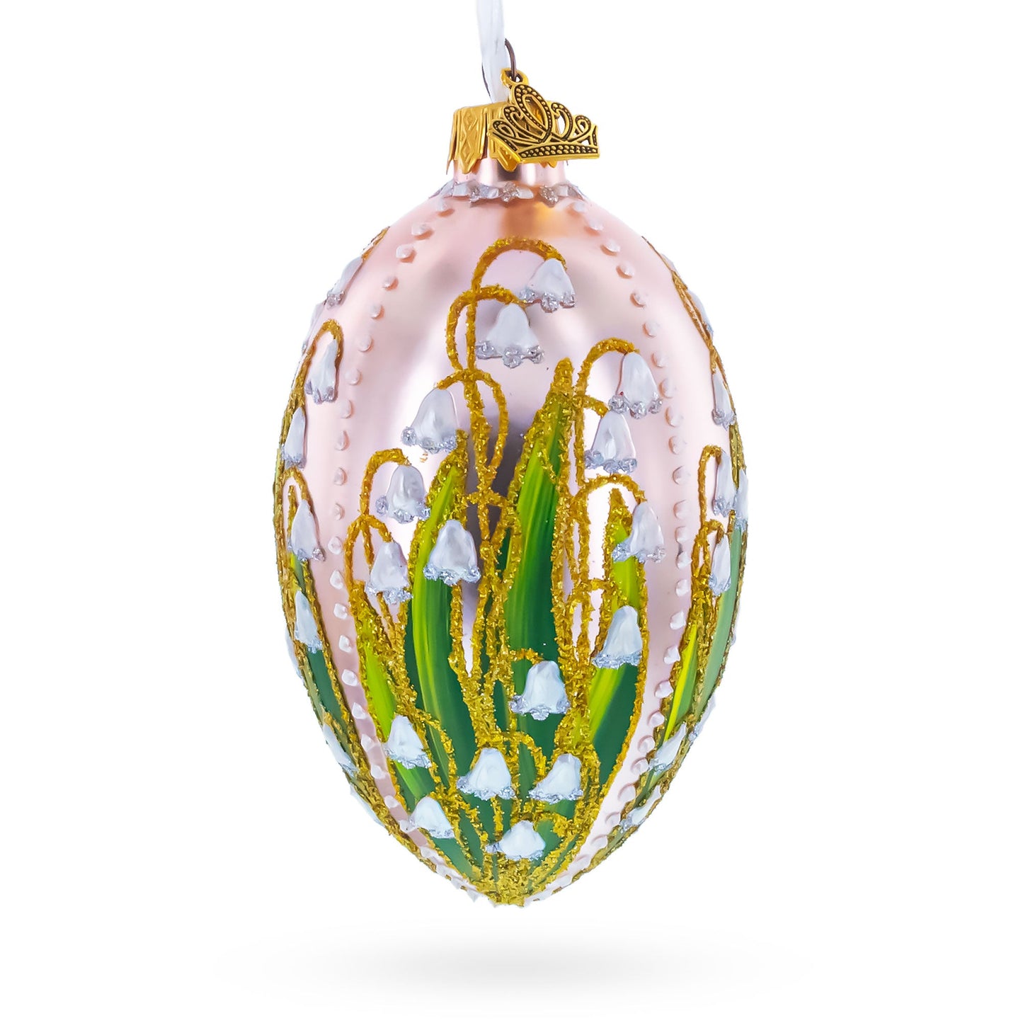 Lily of the Valley on Frosted Rose Egg Glass Ornament 4 Inches