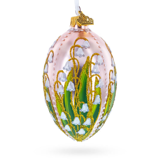 Lily of the Valley on Frosted Rose Egg Glass Ornament 4 Inches