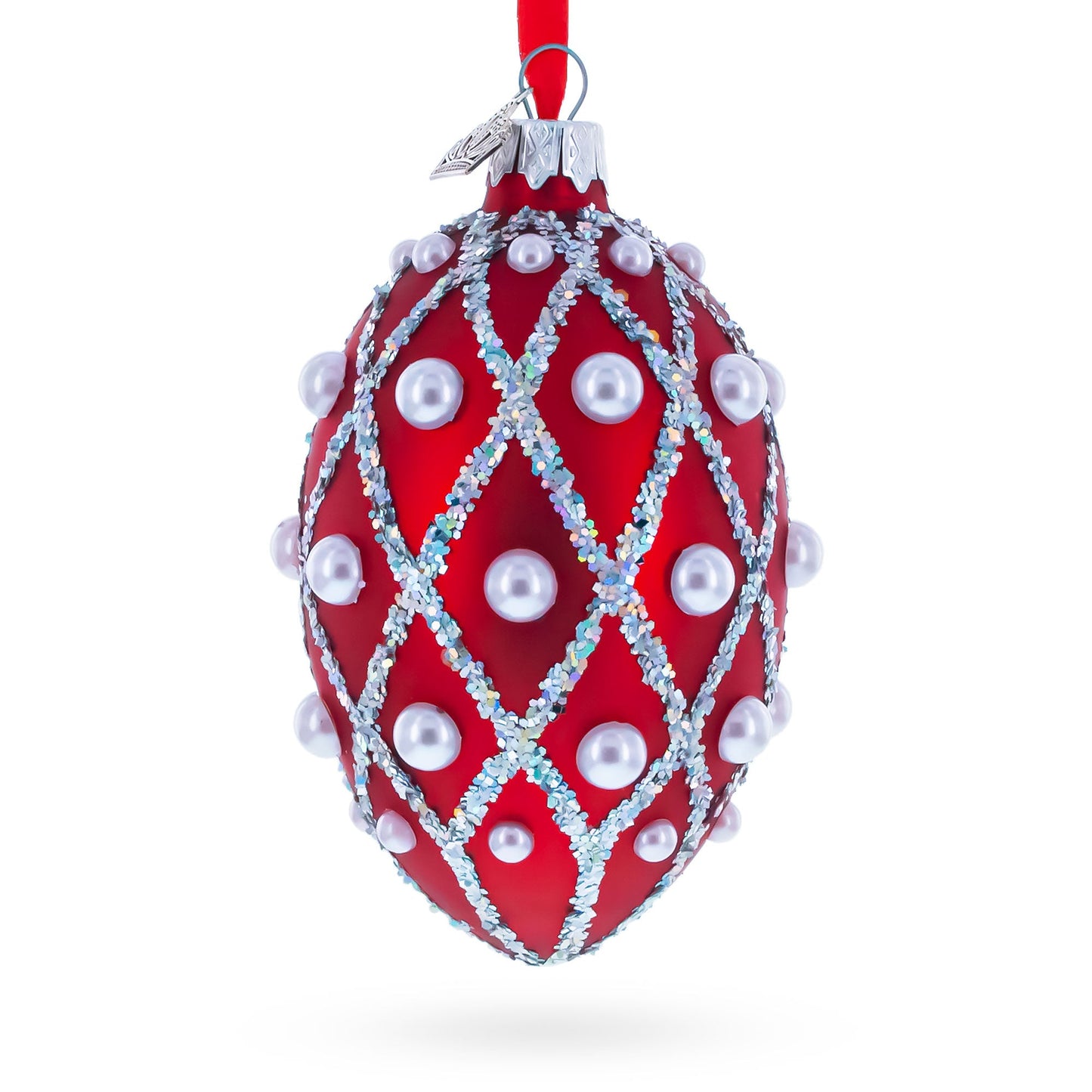 Red Pearl Lattice Glass Egg Ornament 4 Inches
