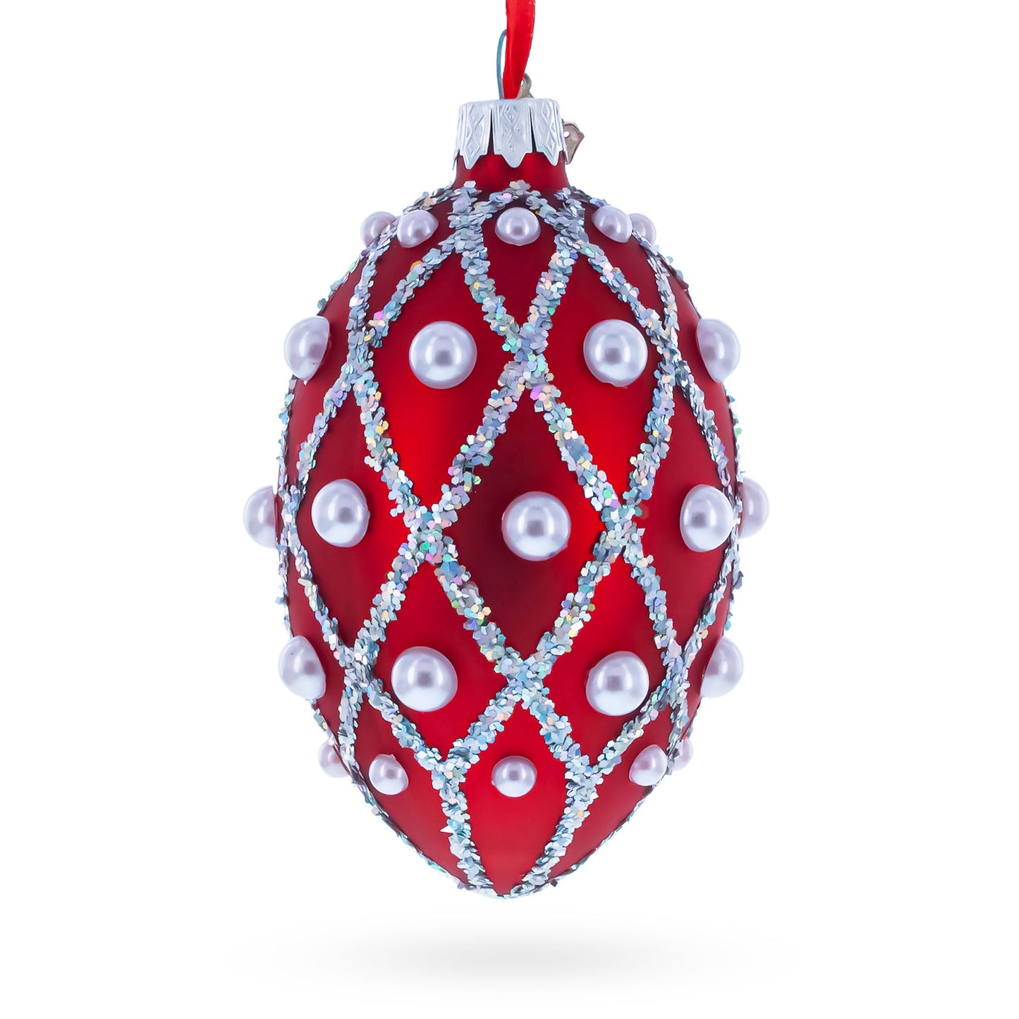 Red Pearl Lattice Glass Egg Ornament 4 Inches
