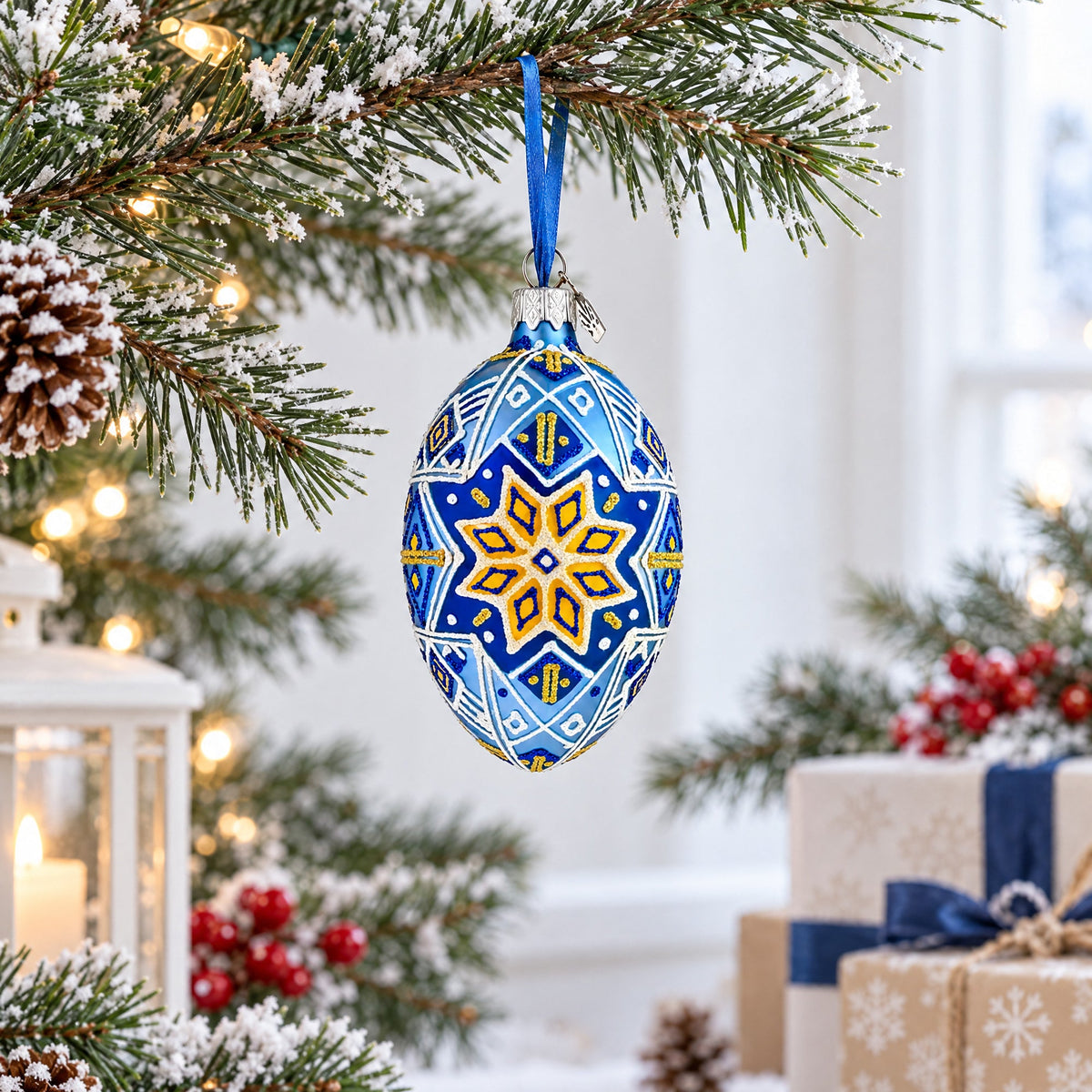 Ornate Blue Diamond Pattern Floral Star Glass Egg Ornament