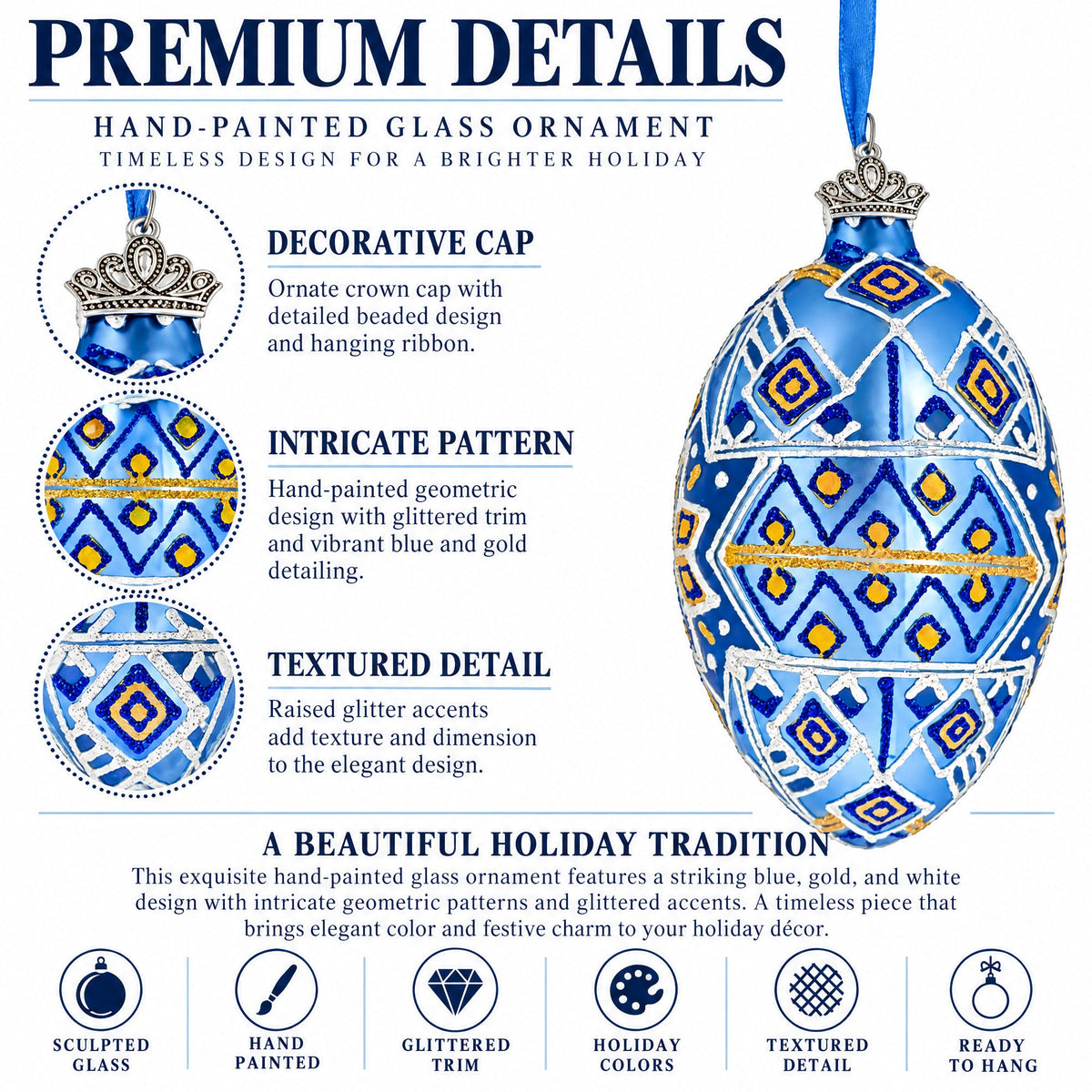 Ornate Blue Diamond Pattern Floral Star Glass Egg Ornament