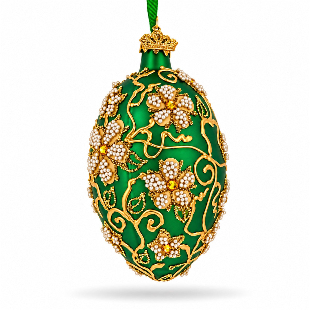 Green Jeweled Glitter Scrollwork Glass Egg Christmas Ornament