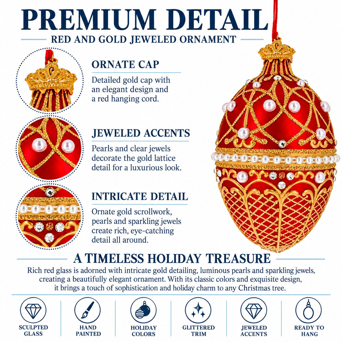 Red Jeweled Glitter Lattice Glass Egg Christmas Ornament