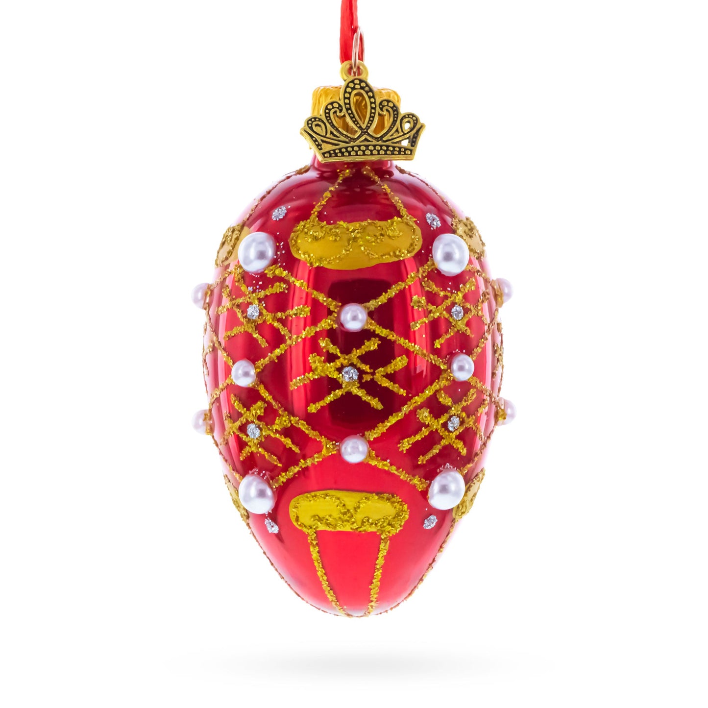 Red with Gold Glitter, Pearl Accents, and Floral Design Mini Glass Egg Ornament 2.9 Inches