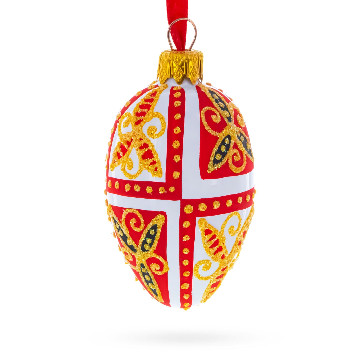 Red & Gold on White Floral Design Mini Glass Egg Ornament 2.9 Inches