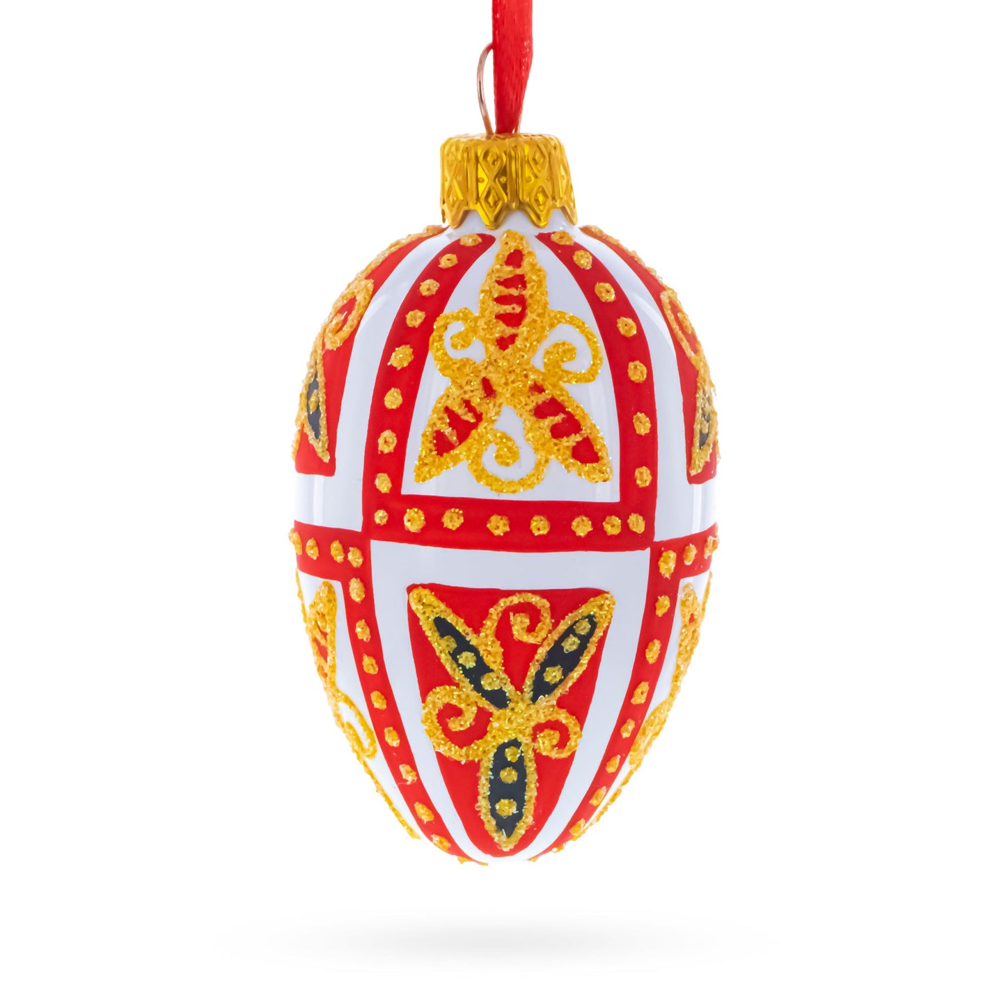 Red & Gold on White Floral Design Mini Glass Egg Ornament 2.9 Inches