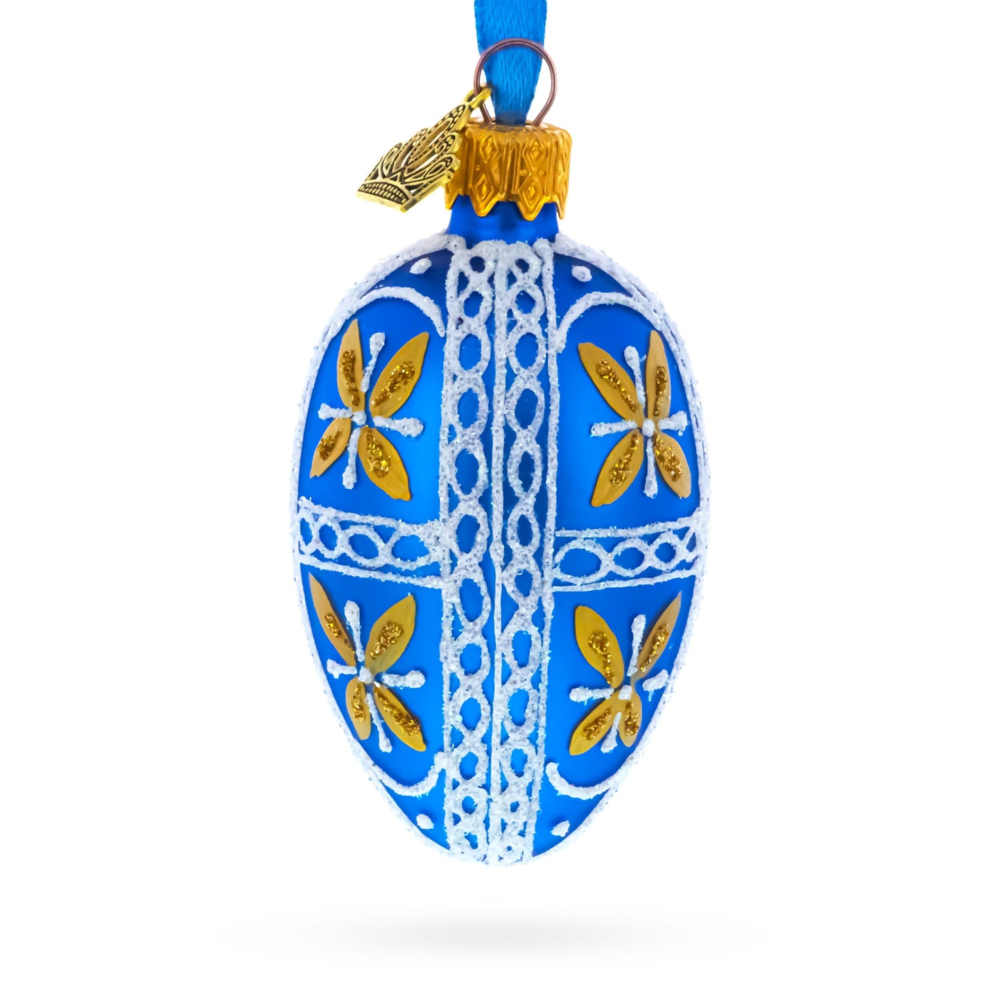 Royal Blue & Gold Floral Lace Mini Glass Egg Ornament 2.9 Inches