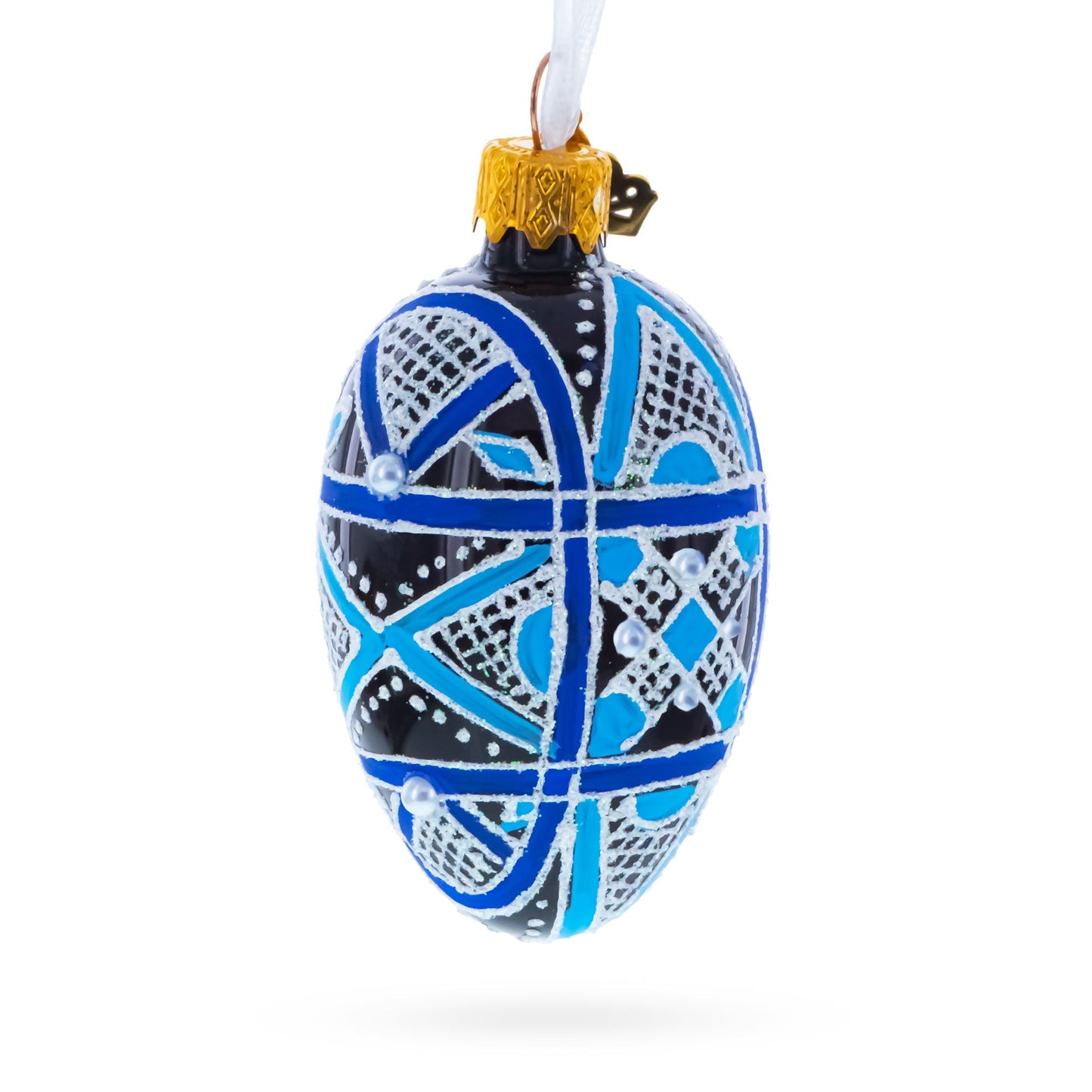 Ukrainian Geometric Blue on Purple Mini Glass Egg Ornament 2.9 Inches