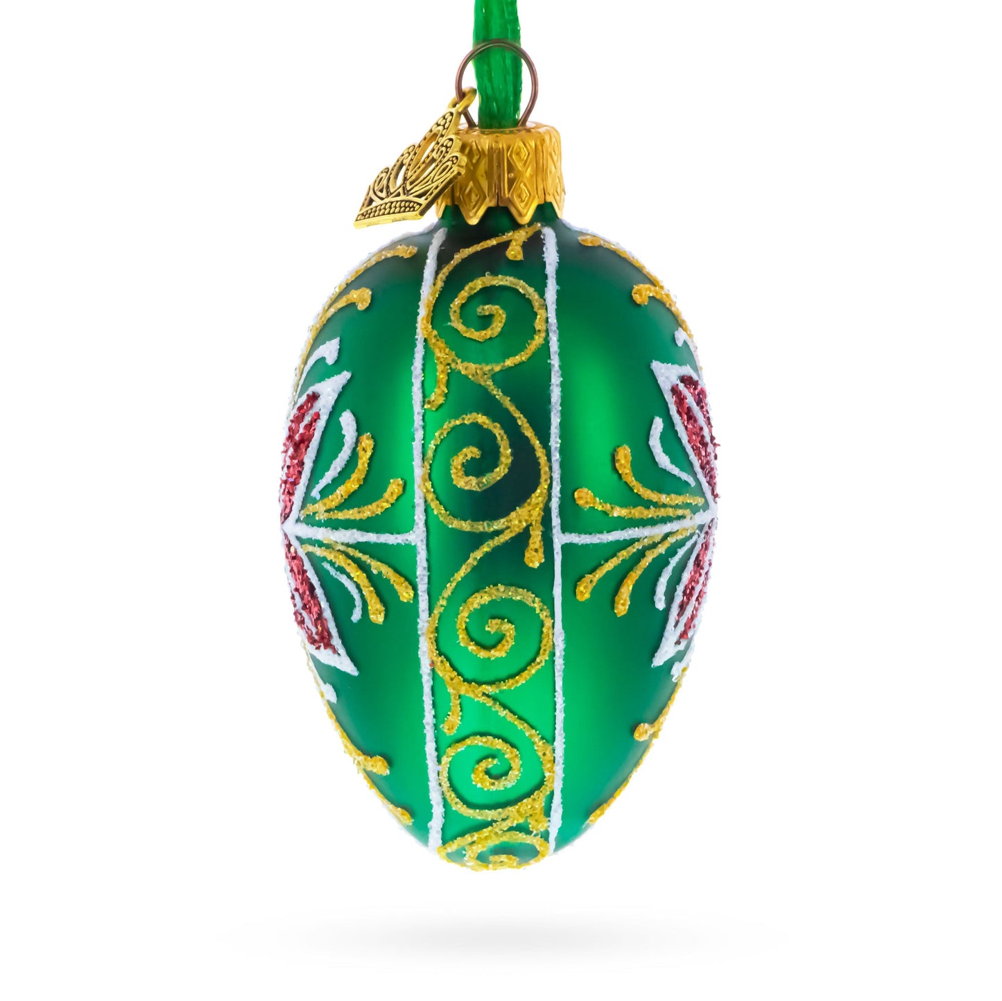 Emerald Green with Red and Gold Floral Mini Glass Egg Ornament 2.9 Inches