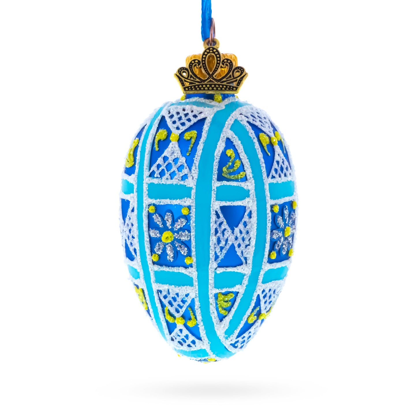 Cobalt Blue and White Geometric Floral Mini Glass Egg Ornament 2.9 Inches