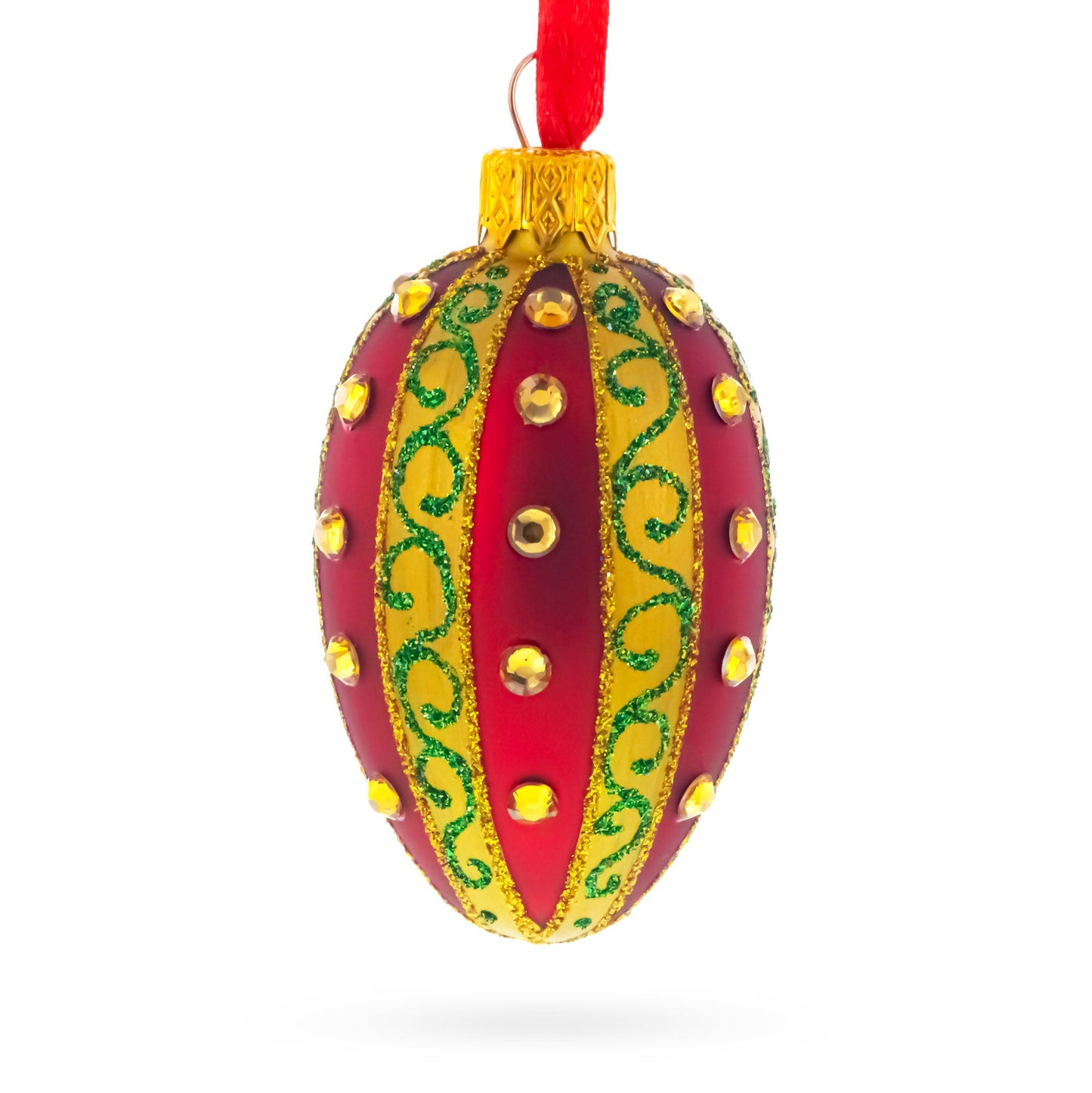 Red and Gold with Green Swirls and Jewel Accents Mini Glass Egg Ornament 2.9 Inches