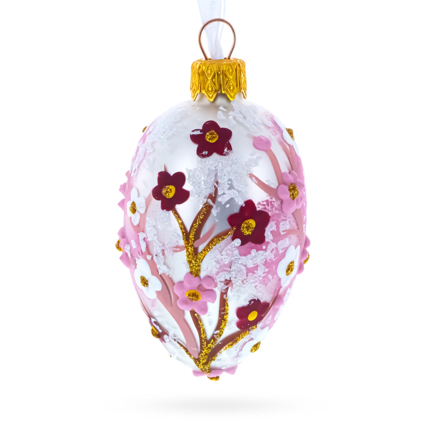 Pearl White with Pink Blossom Tree Design Mini Glass Egg Ornament 2.9 Inches