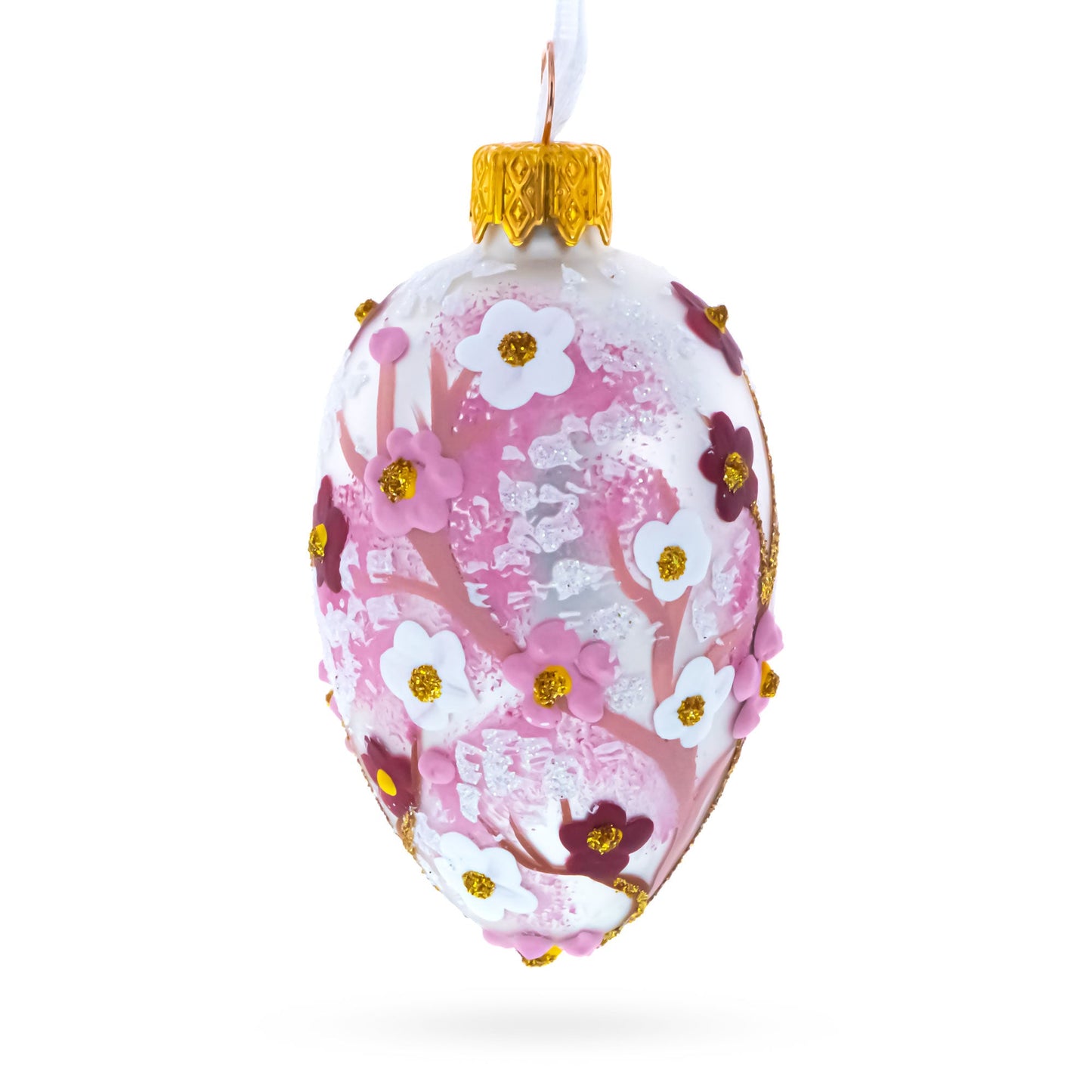 Pearl White with Pink Blossom Tree Design Mini Glass Egg Ornament 2.9 Inches