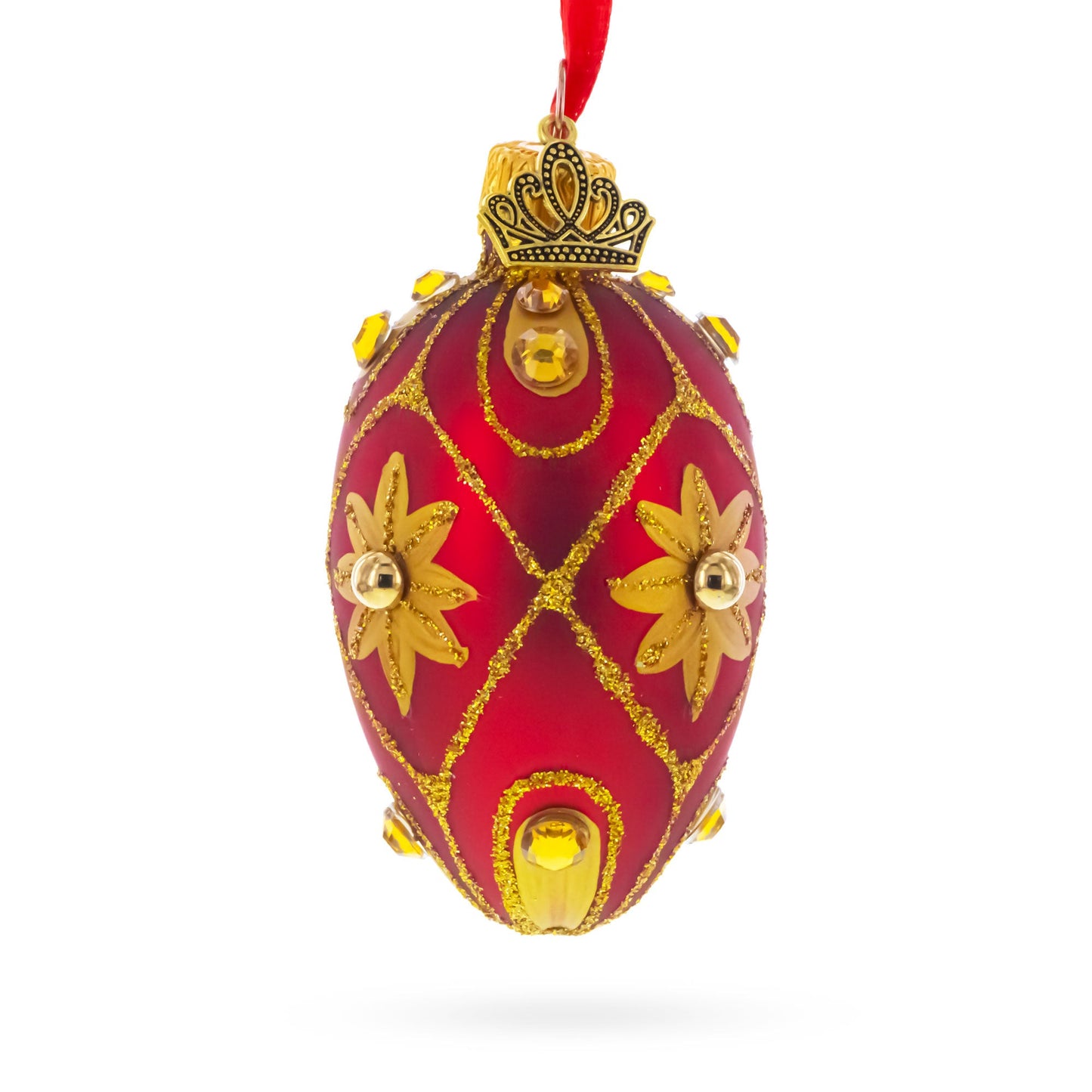 Red with Gold Floral and Jewel Accents Mini Glass Egg Ornament 2.9 Inches